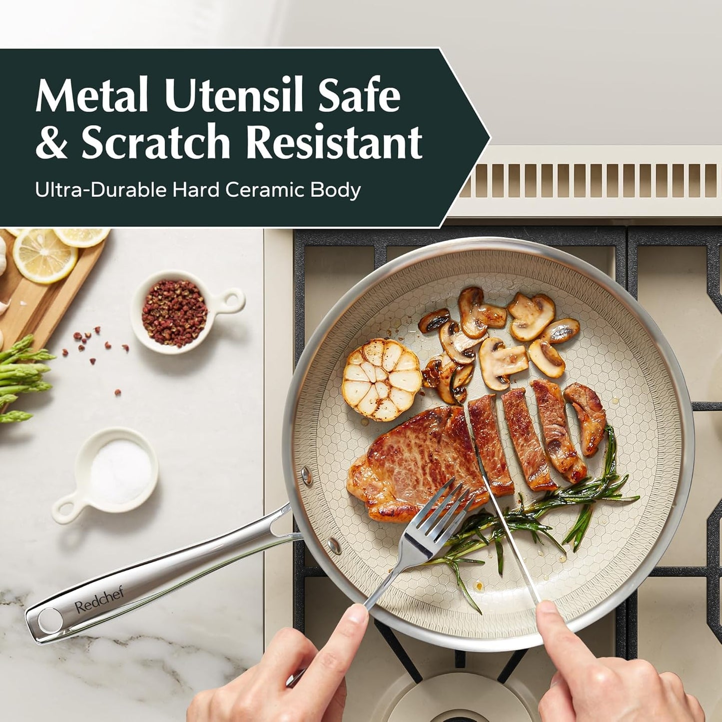 Redchef Non Stick Frying Pans, Hybrid 10 Inch Ceramic Frying Pan, Tri-Ply Stainless Steel Skillet, Non Toxic, PFAS PFOA & PTFE Free, Dishwasher & Oven Safe, Compatible with All Cooktops