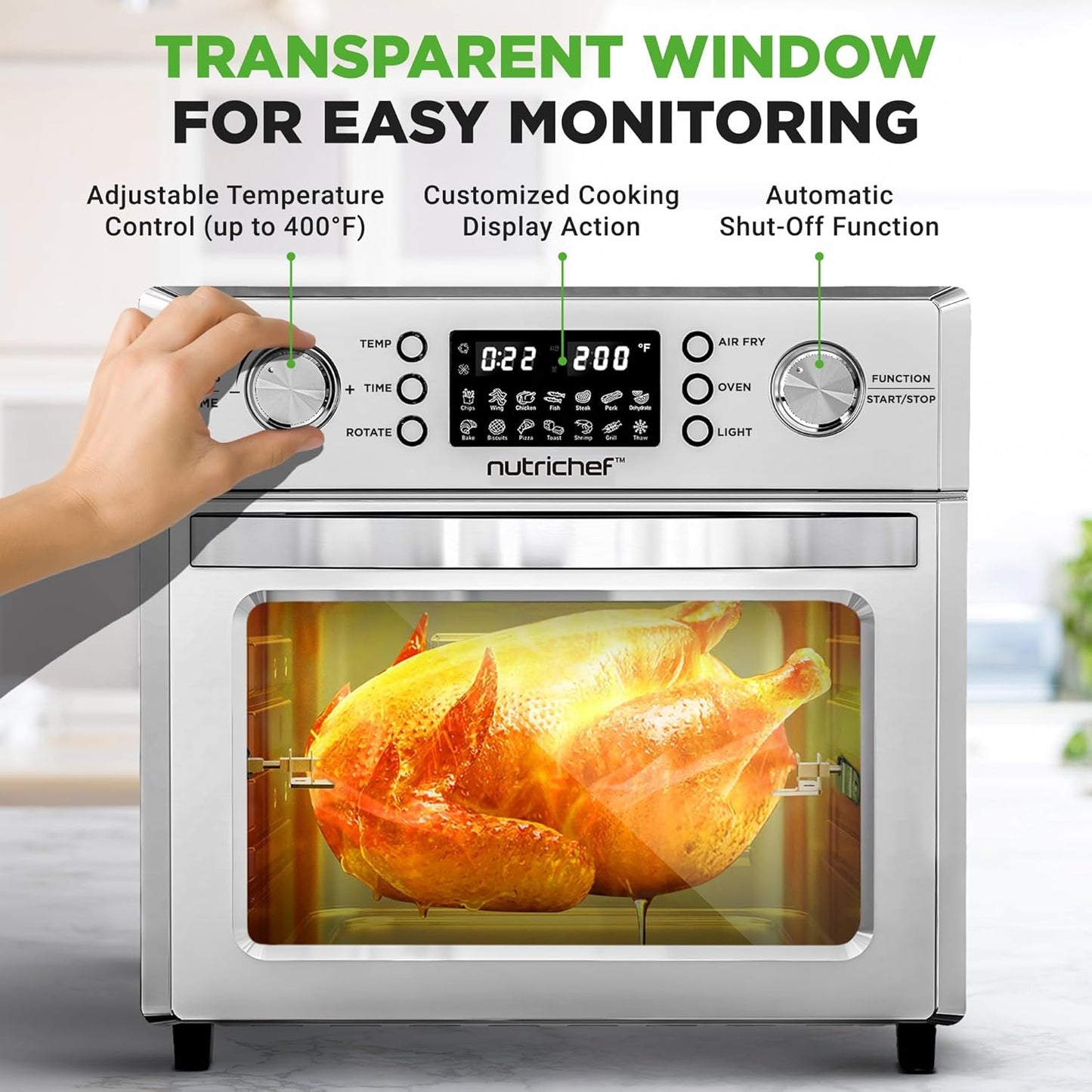 NutriChef 26L Electric Air Fryer Oven | 1700W Countertop Rotisserie & Air Fryer | 360° Rotating Feature | 10 Digital Menu Presets | Includes Drip Tray, Air Frying Basket & Bake Rack 15x16x14 (Silver)