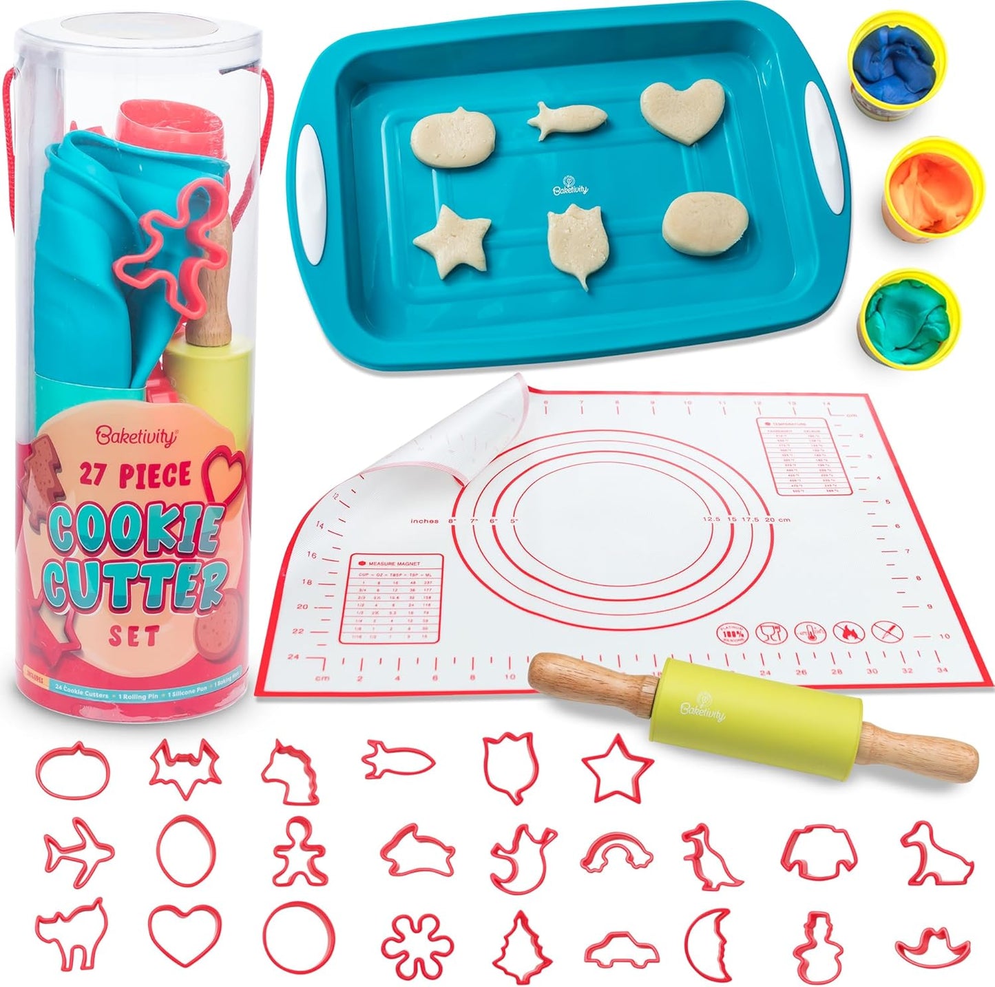 Baketivity Cookie Cutter Set for Kids, 24 Assorted Cookie Cutters of Basic Shapes, Seasonal, and Holiday Themes - with Rolling Pin, Silicone Baking Pan, and Non-Stick Baking Mat - BPA-Free - Ages 4+