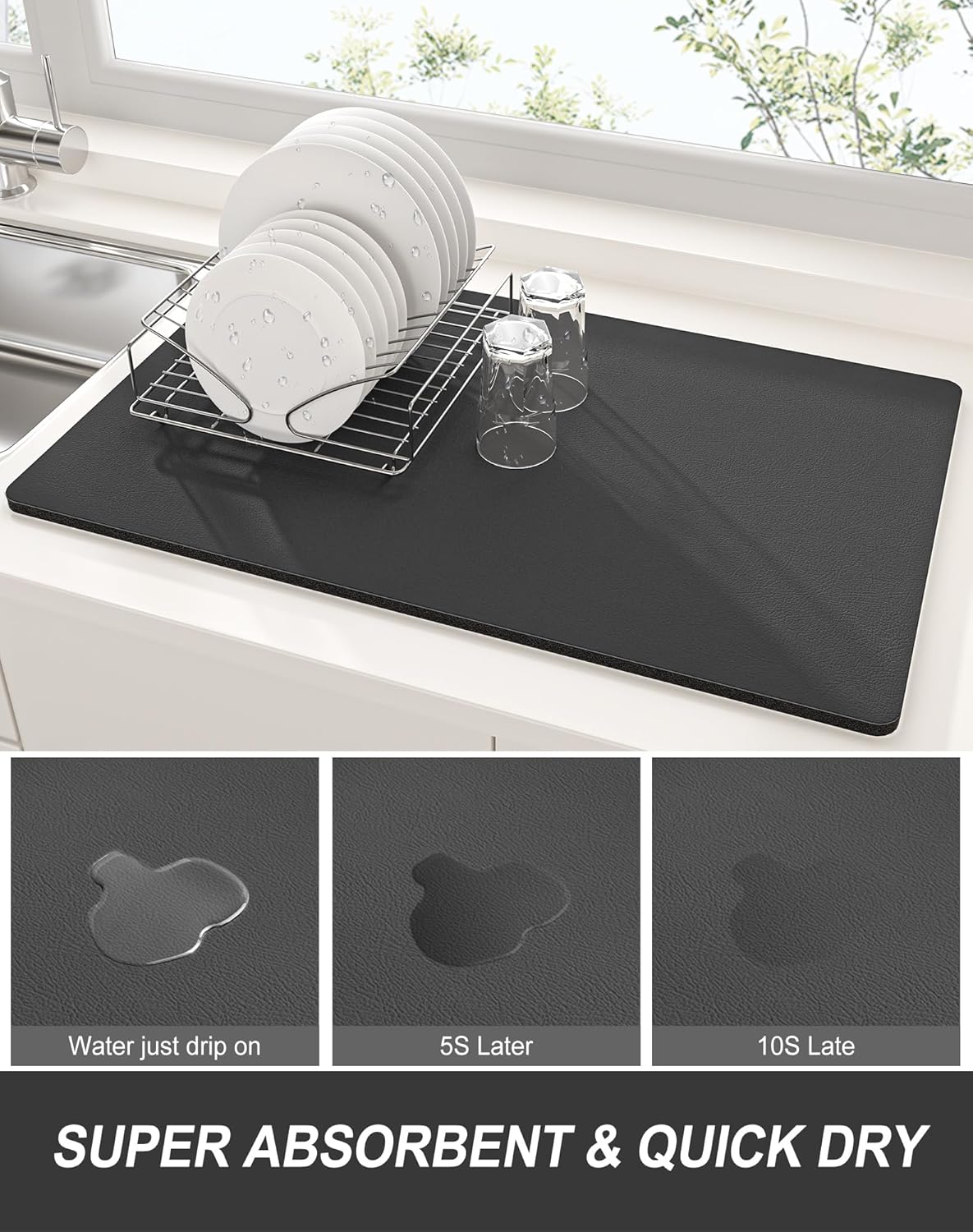 Rnivvi Dish Drying Mat for Kitchen Counter, XL 15 x 24" Super Absorbent Drainer Pad Easy Clean Dish Rack Pad, Non-Slip Heat Resistant Coffee Bar Mats for Coffee Machine Station Accessories Decor, Gray