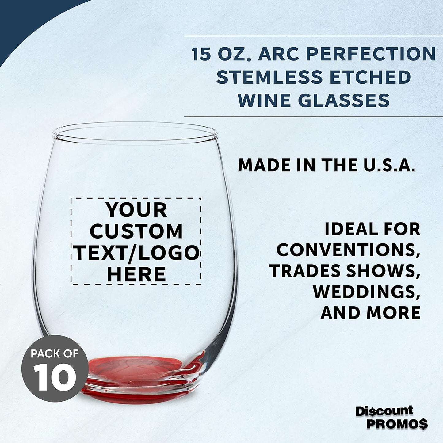 Custom Stemless Wine Glasses in Bulk by ARC Perfection, 15 oz, 10 pack, Personalized Text, Logo, Red or White Wine Glass Set, Red