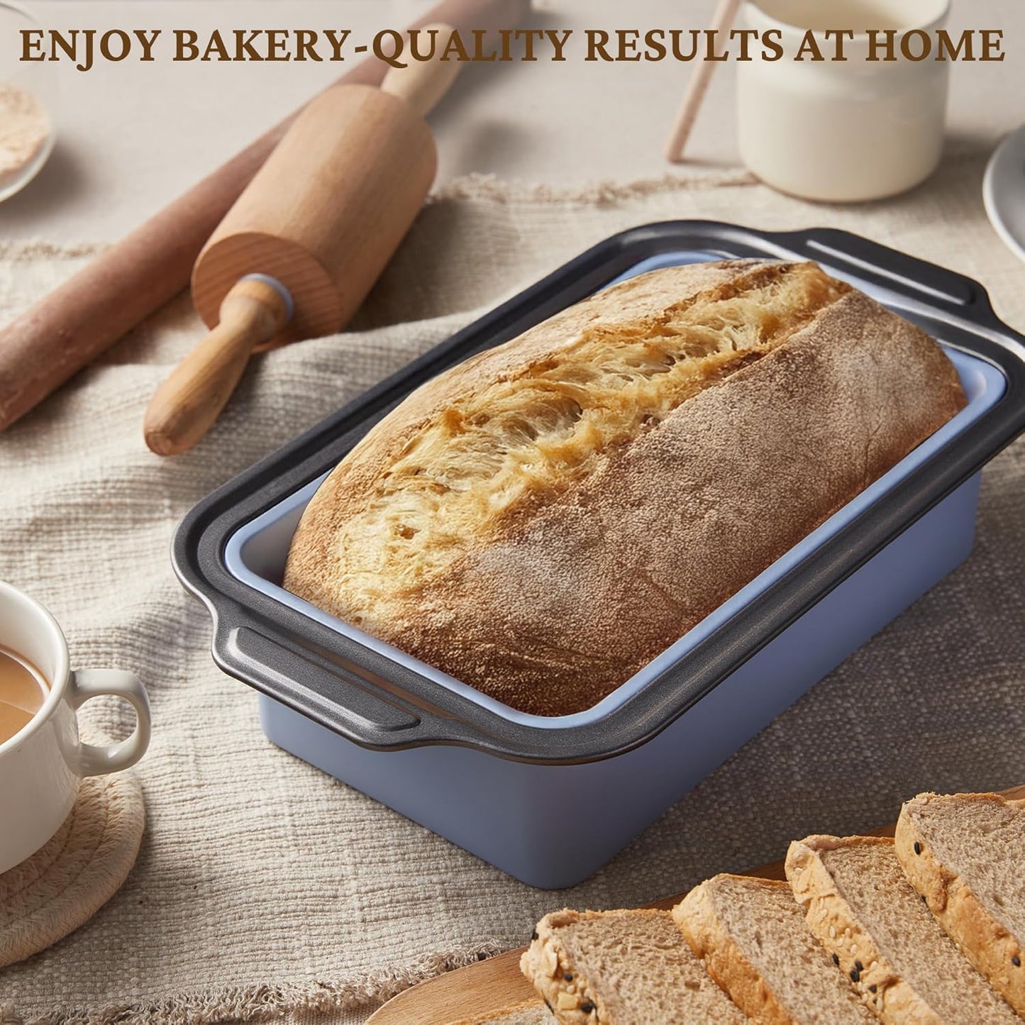 BRONYPRO 9x5 Inch Non-Stick Bread Loaf Pan,Non-Toxic Silicone Baking Mold For Homemade Bread,Heavy-Duty Steel Frame,Dishwasher Safe-Blue