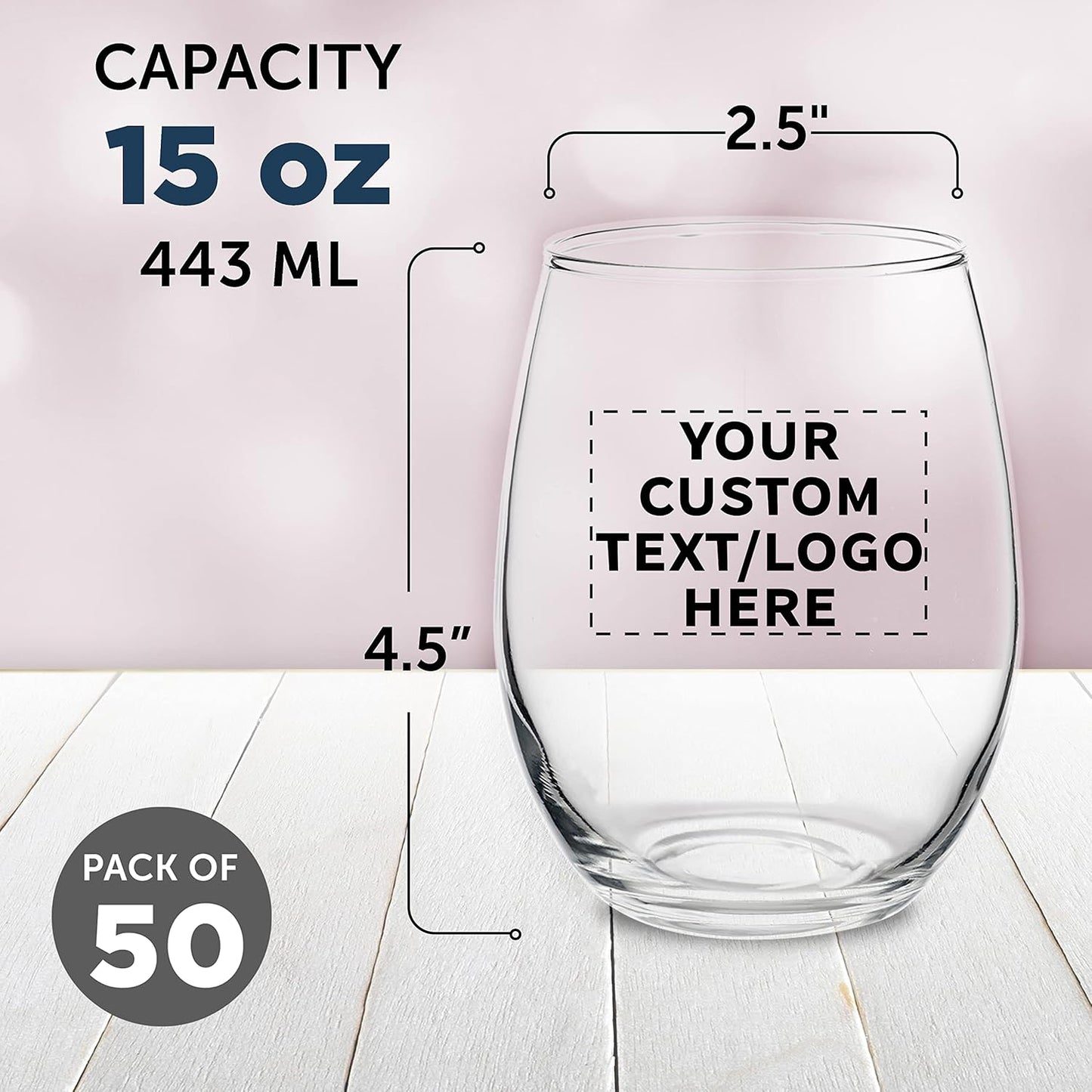 Custom Stemless Wine Glasses by ARC Perfection 15 oz. Set of 50, Personalized Bulk Pack - Restaurant Glassware, Perfect for Red Wine, White Wine, Cocktails - Clear