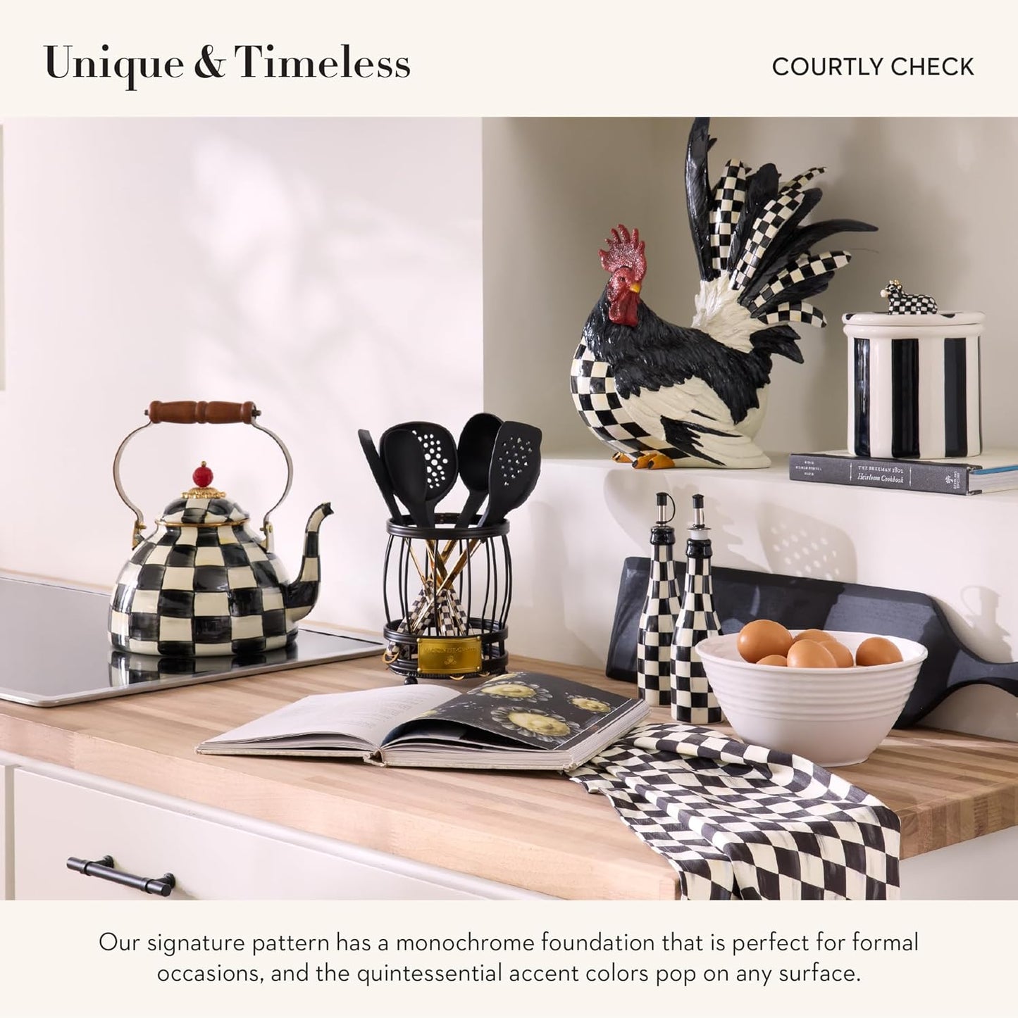 MACKENZIE-CHILDS Kitchen Ladle, Silicone Ladle Spoon for Cooking, Black-and-White Courtly Check