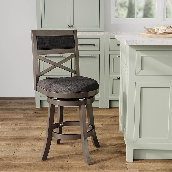 DTY Indoor Living Meeker 24 Inch Counter Height Bar Stools with Backs - Wooden Swivel Counter Stools for Kitchen Island - Charcoal Fabric Seat, Solid Wood Frame, Weathered Gray Finish