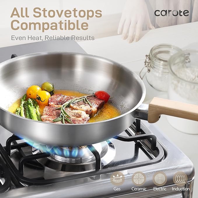 CAROTE 7 Pcs Stainless Steel Cookware Set, 3-ply Base Induction Available Stainless Steel Pots and Pans Set, Tempered Glass Lids, Induction Kitchen Cookware Sets, Stay-Cool Handles