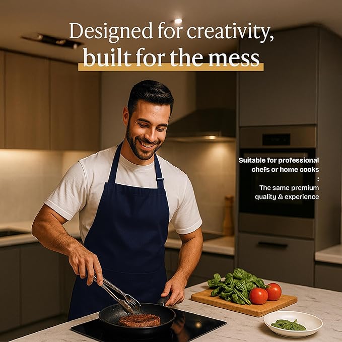 Will Well Kitchen Apron for Men and Women - 33" x 27" Oil-and-Water-Resistant with Adjustable Neck Strap and 38" Waist Ties for a Snug Fit, Lightweight with 2 Front Pockets - 1-Pack, Navy
