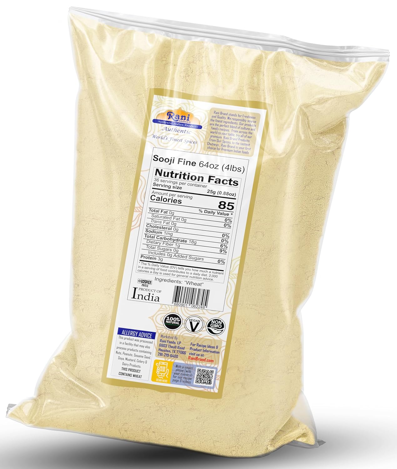Rani Sooji Fine (Farina, Suji, Rava, Wheat) Flour 64oz (4lbs) 1.81kg Bulk ~ All Natural | Vegan | NON-GMO | Kosher | Indian Origin