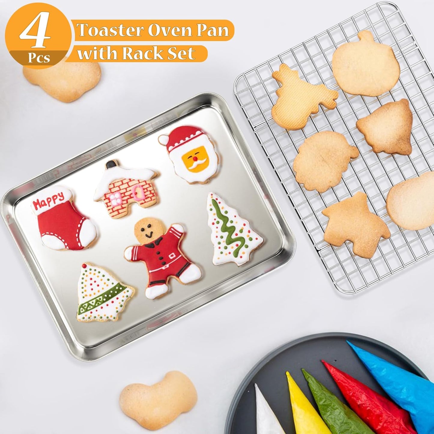 TeamFar Toaster Oven Pan with Rack Set, 9 x 7 x 1 Inch Stainless Steel Mini Baking Pan Tray with Grid Rack for Baking Roasting Cooling, Non-Toxic & Heavy-Duty, Dishwasher Safe, (2 Pans + 2 Racks)