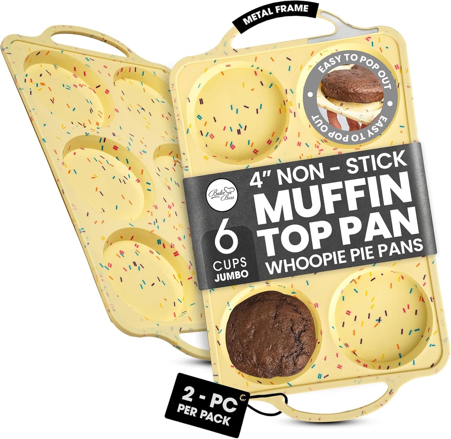 Jumbo Top Silicone Muffin Pans for Baking- 2 PACK Silicone Jumbo Muffin Pan 6 Cup -Baking Cupcake Pans, Make Perfect Muffin Top Pans Non Stick, Drop Cookies or Whoopie Pie Shells - CONFETTI