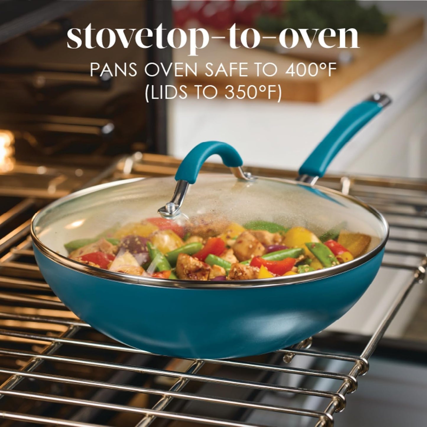 Rachael Ray Cucina Ceramic Nonstick Stir Fry Pan and Lid, 11 Inch Non Stick Wok Pan, Dishwasher Safe - Marine Blue