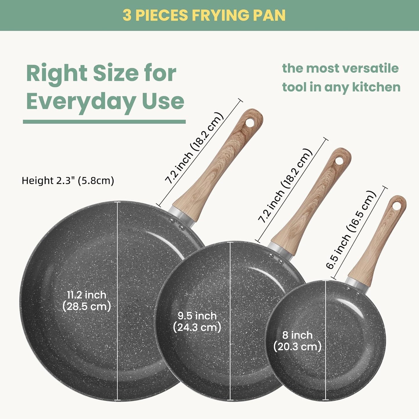 Fry Pan Nonstick 3 Piece Stretched Aluminium Cookware 8", 9.5", 11" Skillets Fry Pans with Induction Bottom