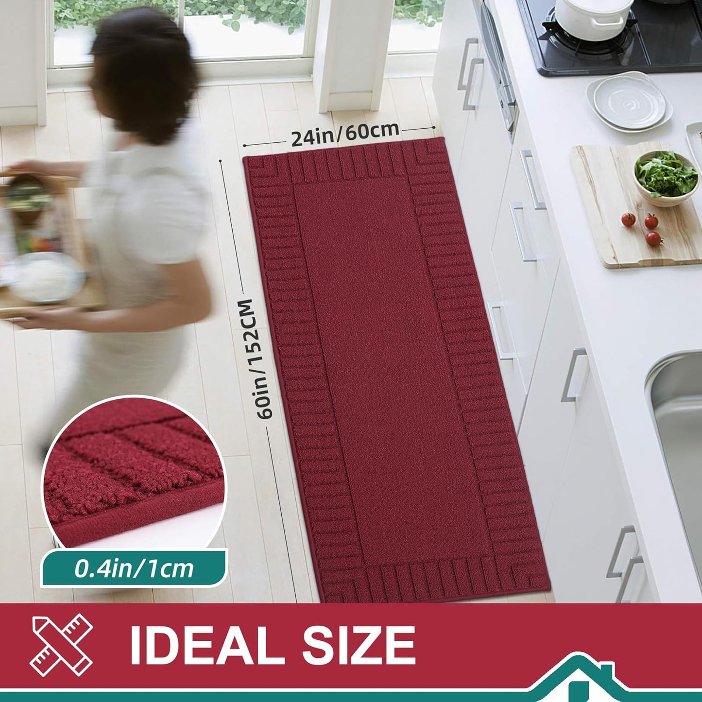 BEQHAUSE-Kitchen-Rugs-and-Mats Non Skid Washable Kitchen Mats for Floor Red Kitchen Rug Polypropylene Kitchen Mat with TPR Backing 24”x60”