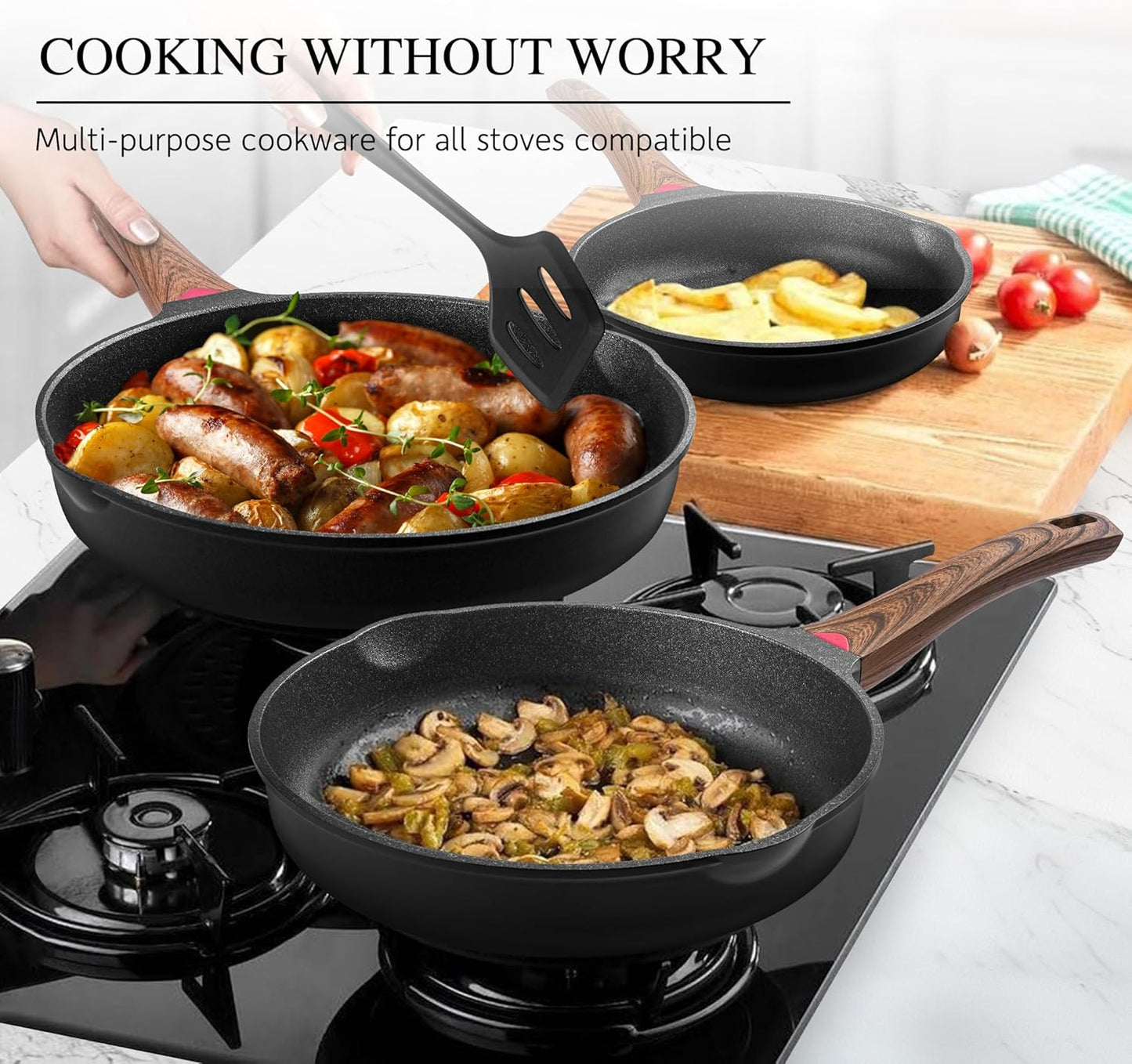 Vinchef 12.5" Non Stick Frying Pans, Skillet with Lid Used for All Stoves, Induction Non Toxic Cookware, Cooking Pans Nonstick Capable of Kitchen