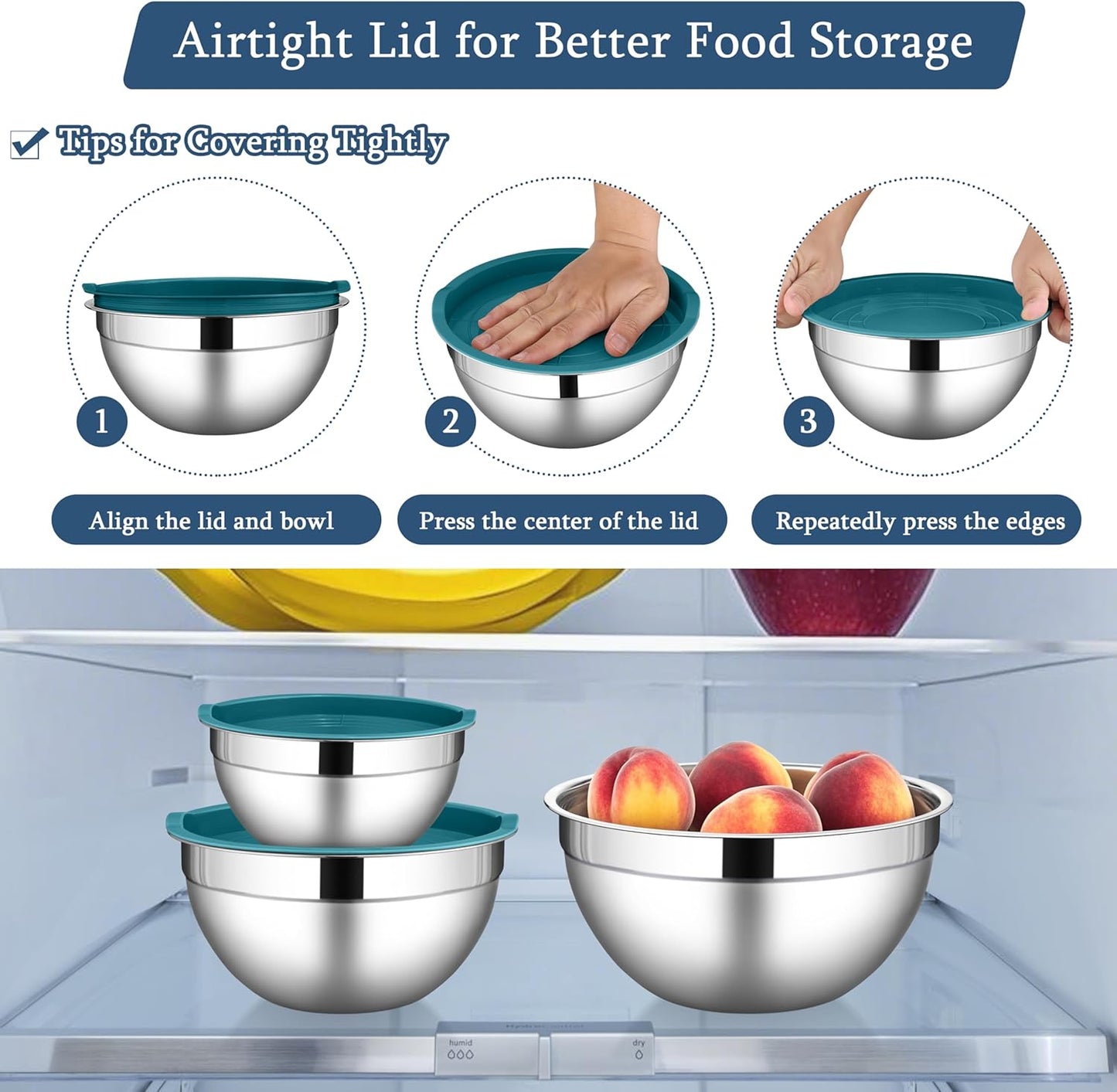 LIANYU Mixing Bowls Set with Airtight Lids, Stainless Steel Large Metal Kitchen Bowls Set of 3, Dishwasher & Freezer Safe, 1.5QT & 3QT & 4.6QT, Blue