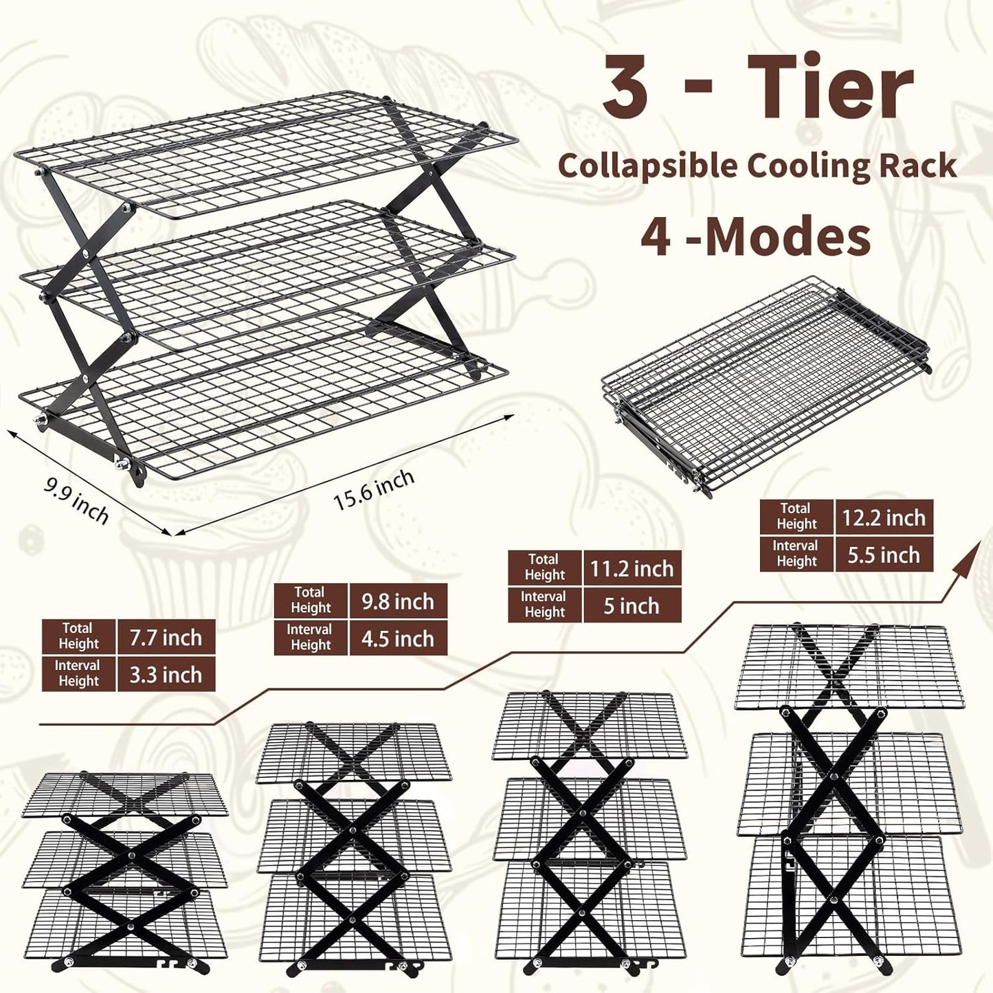 Pleafind 3 Tier Collapsible Cooling Rack - 3 Setting Design, Adjustable ＆ Stackable Baking Rack, 5 Modes Cooling Racks for Cooking and Baking, Roasting ＆ Grilling Gifts for Picnic Party
