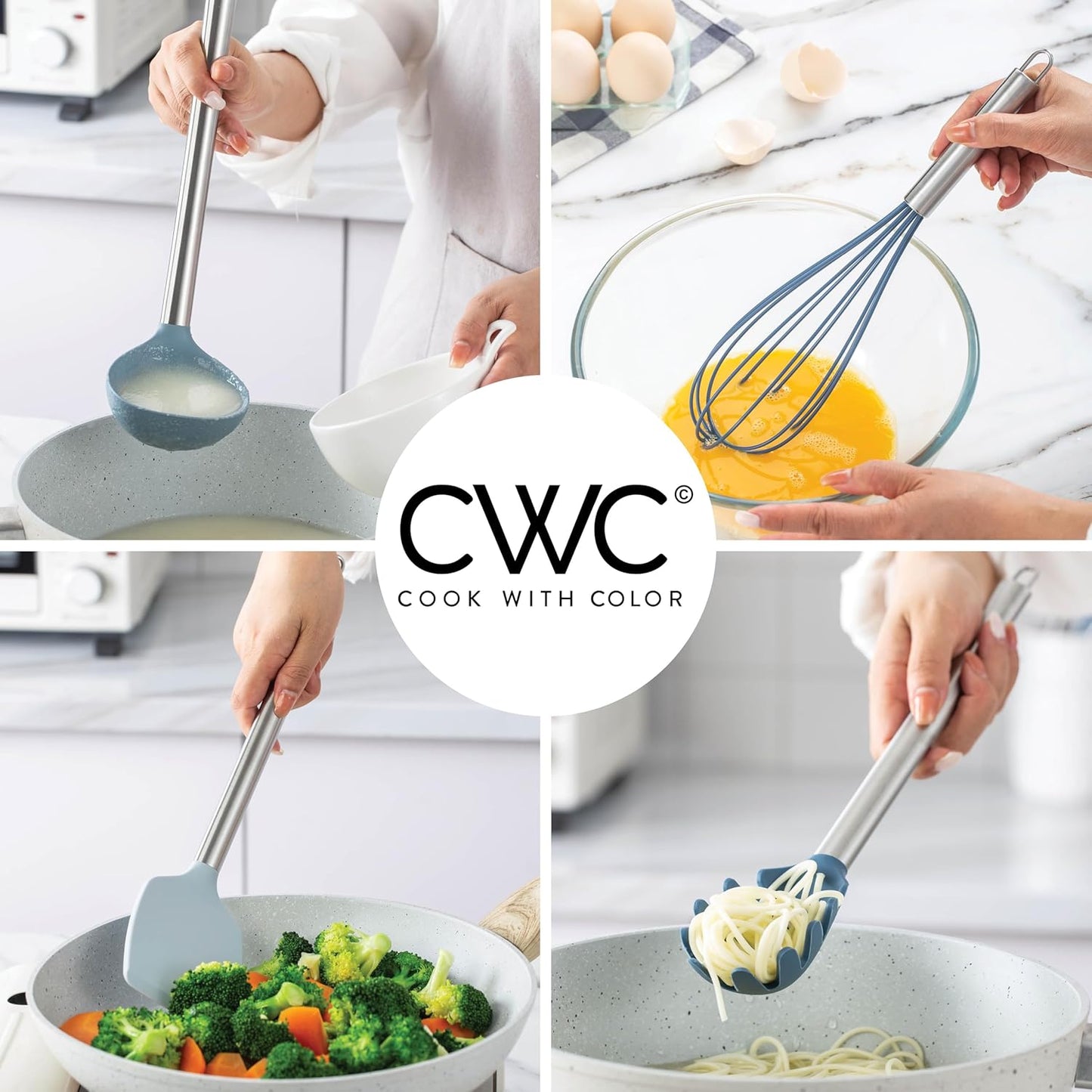 COOK WITH COLOR Silicone Cooking Utensils, Kitchen Utensil Set, Easy to Clean Silicone Kitchen Utensils, Cooking Utensils for Nonstick Cookware, Kitchen Gadgets Set, 38 Piece, Blue and White