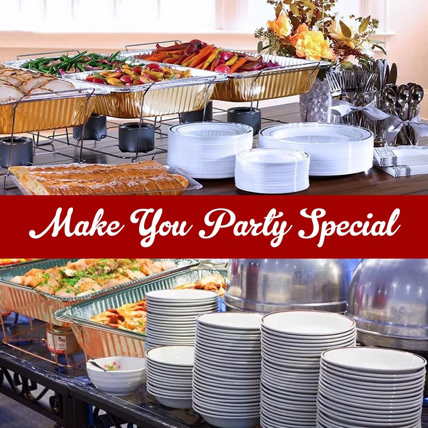 Disposable Chafing Dish Buffet Set Food Warming Trays Replacement - 3 Water Food Warmer Pans - 6 Foil Pans - 6 Lids - Buffet Set Trays Food Warmers for Parties & Events