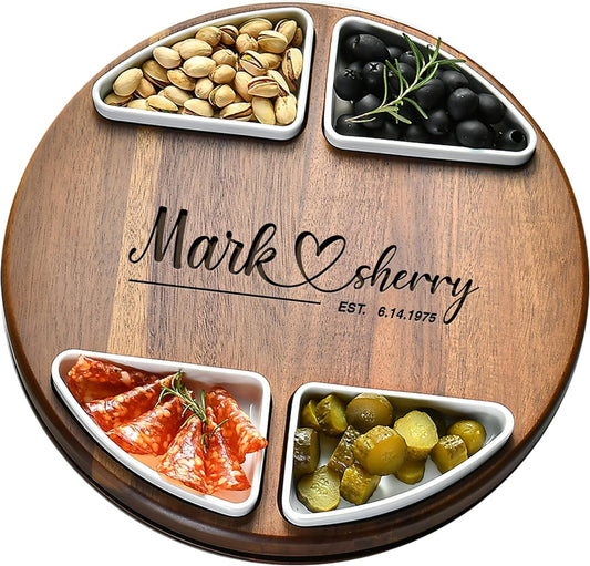 Shanik Upgraded Lazy Susan Cheese Cutting Board Set - Round Acacia Charcuterie Board With 4 Ceramic Bowls - Wedding Gifts - Cheese Serving Platter - Bridal Shower