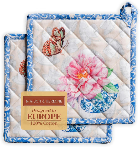 Maison d' Hermine Pot Holders Set 100% Cotton Heat Resistant Potholders 8" x 8" Hot Pads with Loop BBQ, Cooking, Baking, Grilling, Kitchen, Handling Hot Pans Spring/Summer (Pack of 2, Canton)
