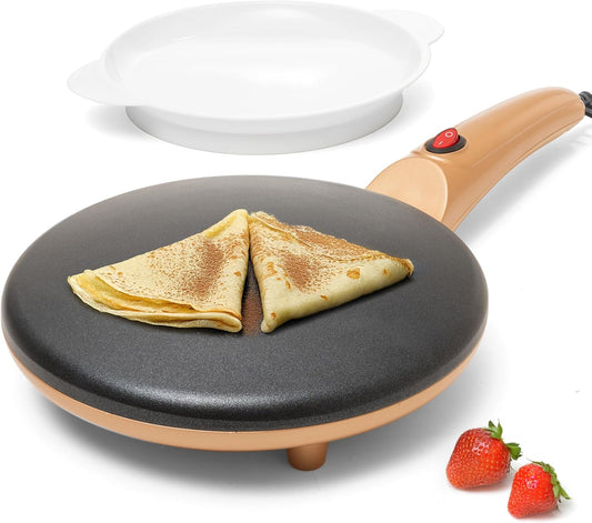 Moss & Stone Gold Electric Crepe Maker 8 Inch, Portable Crepe Maker & Hot Plate Cooktop On/Off Switch, Nonstick Coating, Automatic Temperature Control, Easy To Use For Pancakes, Blintz