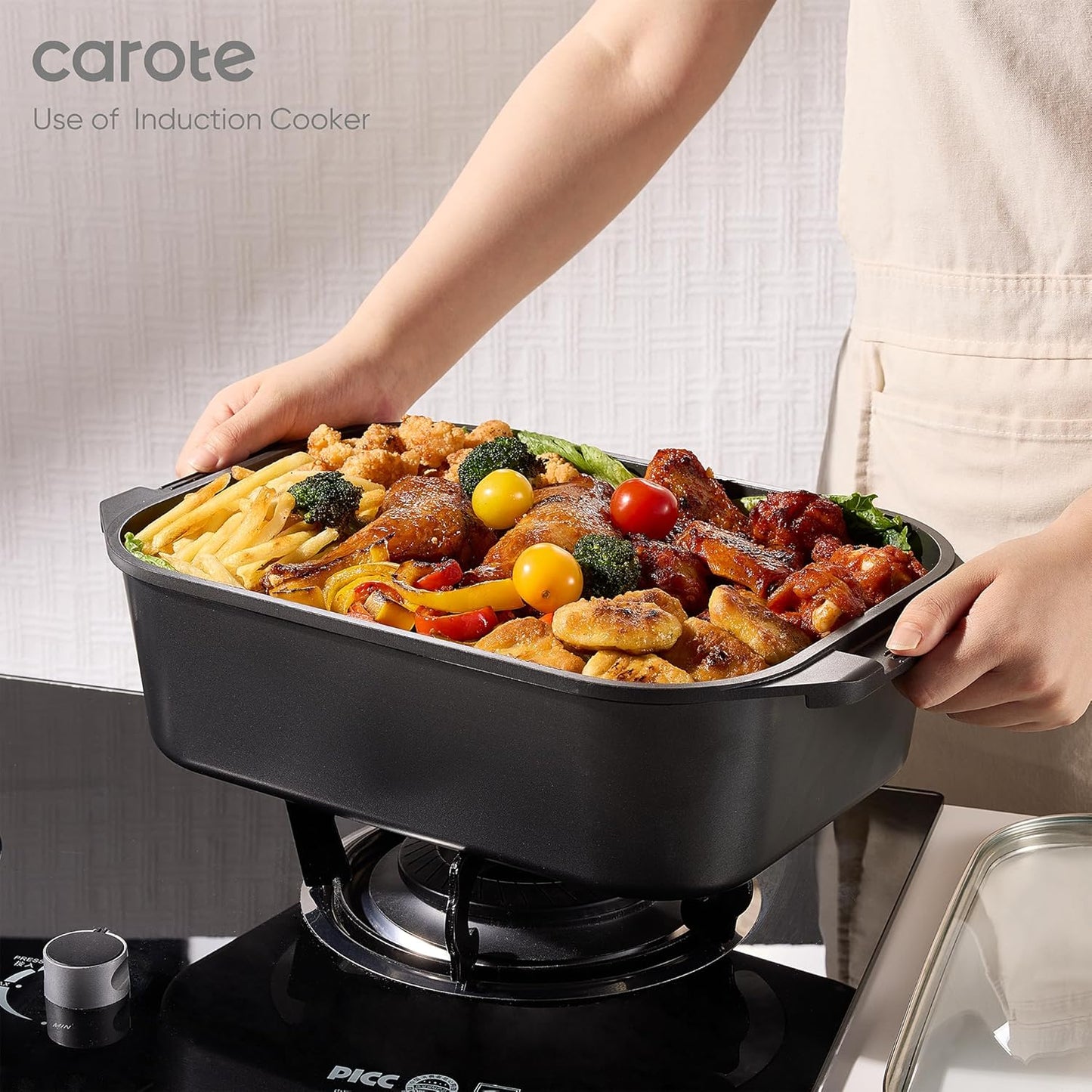 CAROTE 15.9 Inch Roasting Pan with Lid, Rectangular Nonstick Roaster Pan for Ovens, Large Pot Roast Roasting Pan with Lid, Induction & Gas Stove Compatible, PFOA Free