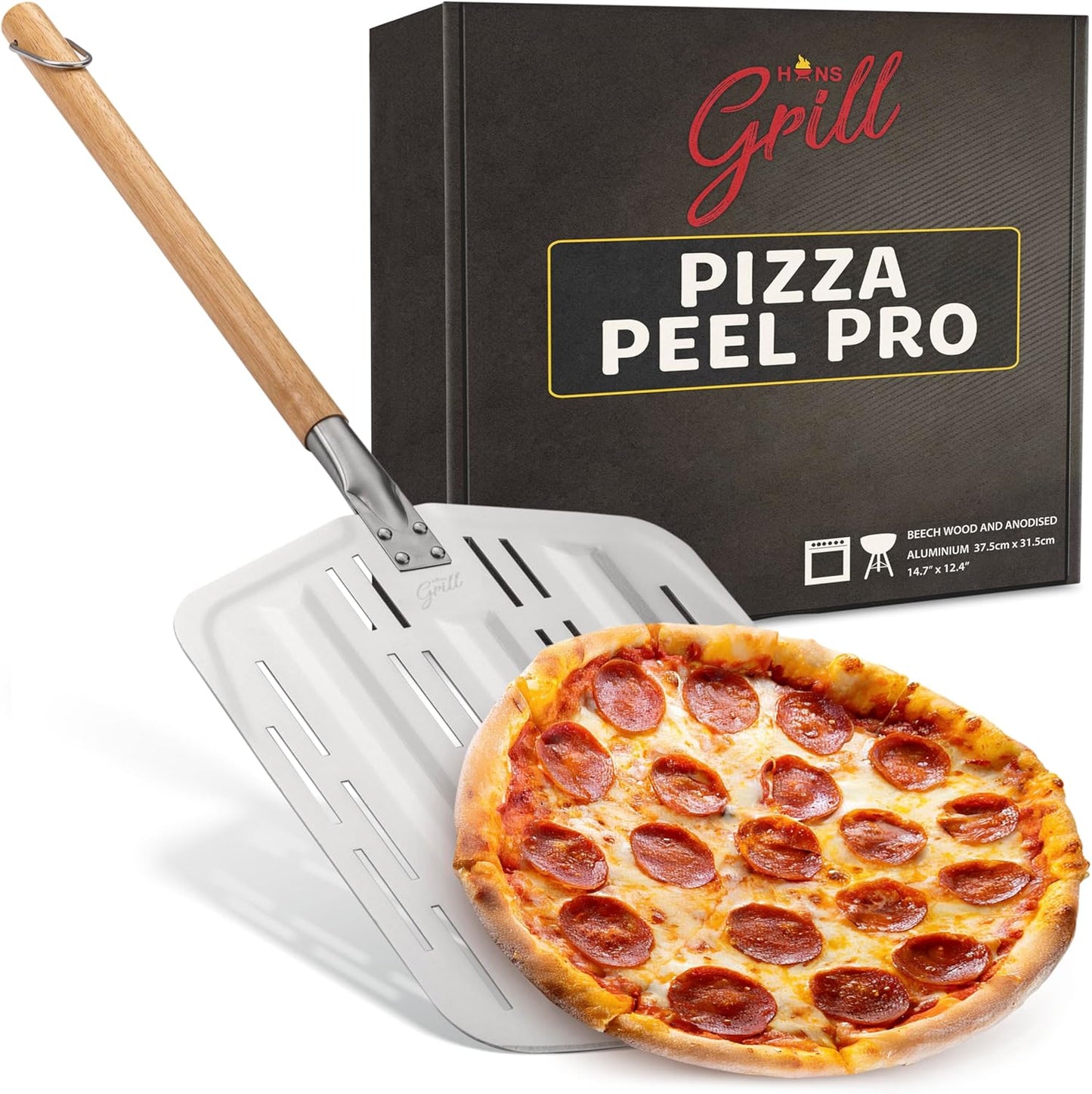 Hans Grill Pizza Peel PRO | Made for XL Pizza 12 inch + | Professional Restaurant Grade Perforated Metal Non-Stick Paddle for launching, turning and retrieving pizzas