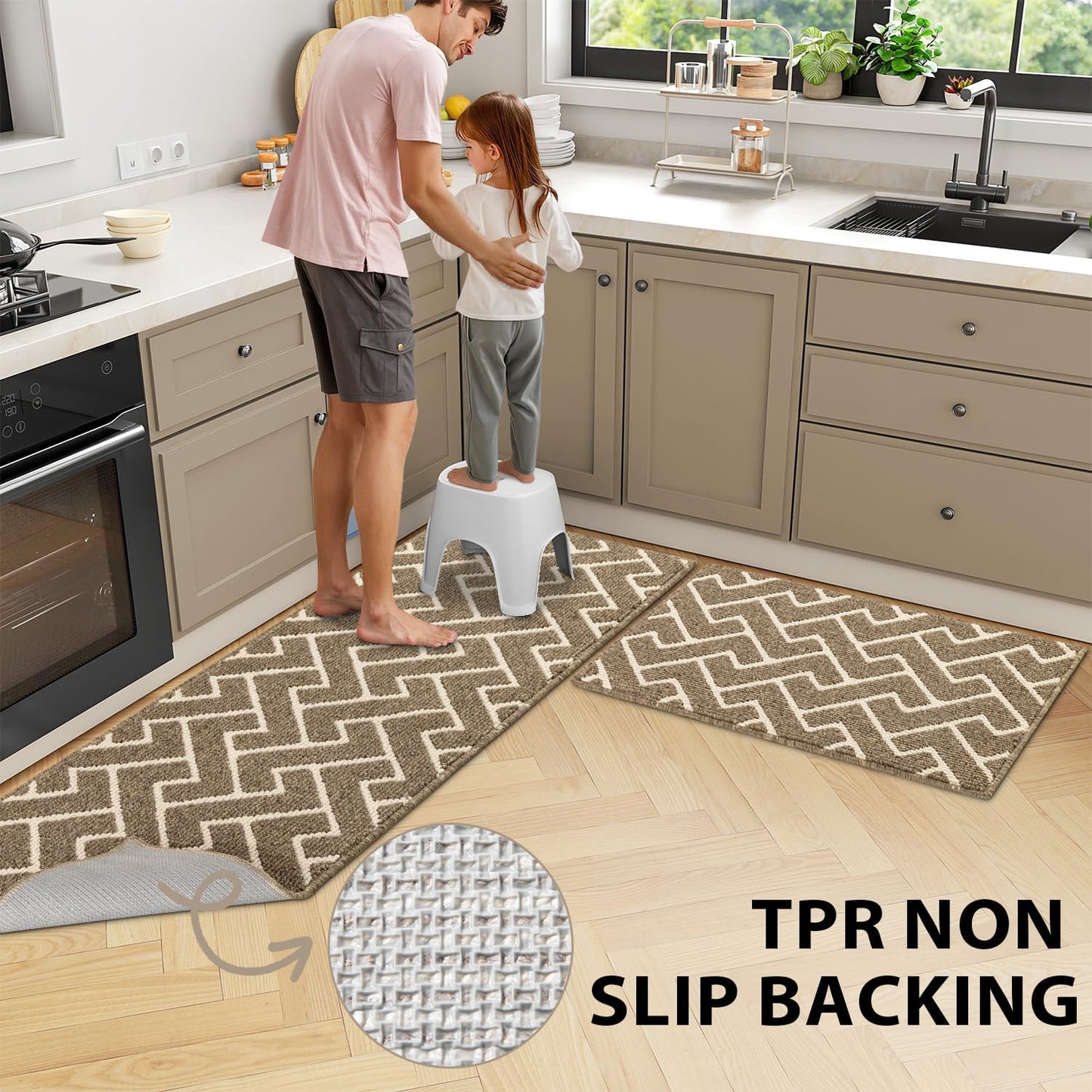 hicorfe Kitchen Rugs and Mats Sets,Non-Slip 2 Pieces Absorbent 100% Polypropylene Rug,Comfort Kitchen Runner Mat,Washable for Kitchen,Sink,Laundry(20" x 31.5" Plus 20" x 48",Beige)