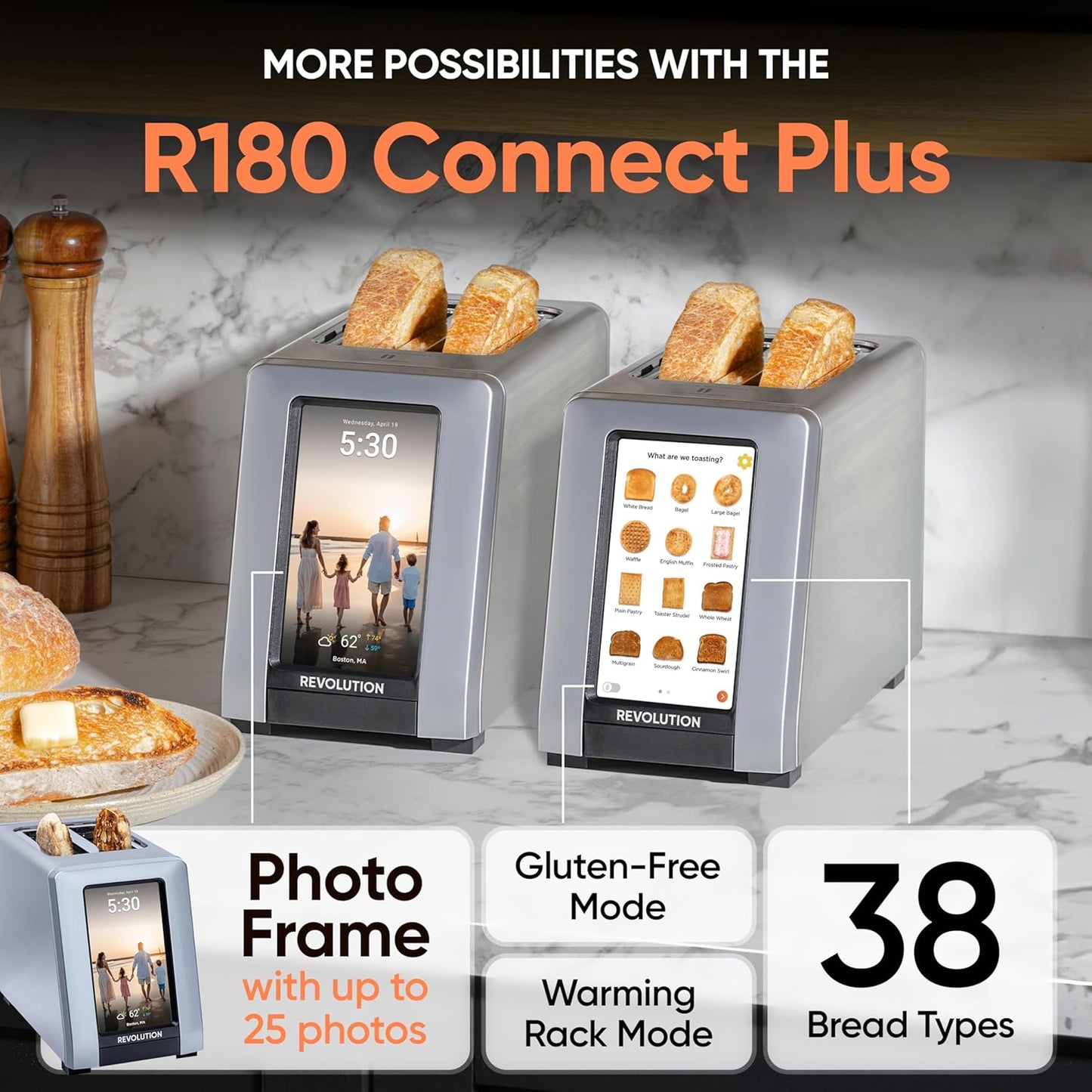 Revolution R180 Connect Plus Smart Toaster – Connected 2-Slice Touchscreen Toaster w/ Patented InstaGLO 2.0 Technology, Toastie Press Mode, Digital Picture Frame – Toast Bread, Bagels, Waffles & More