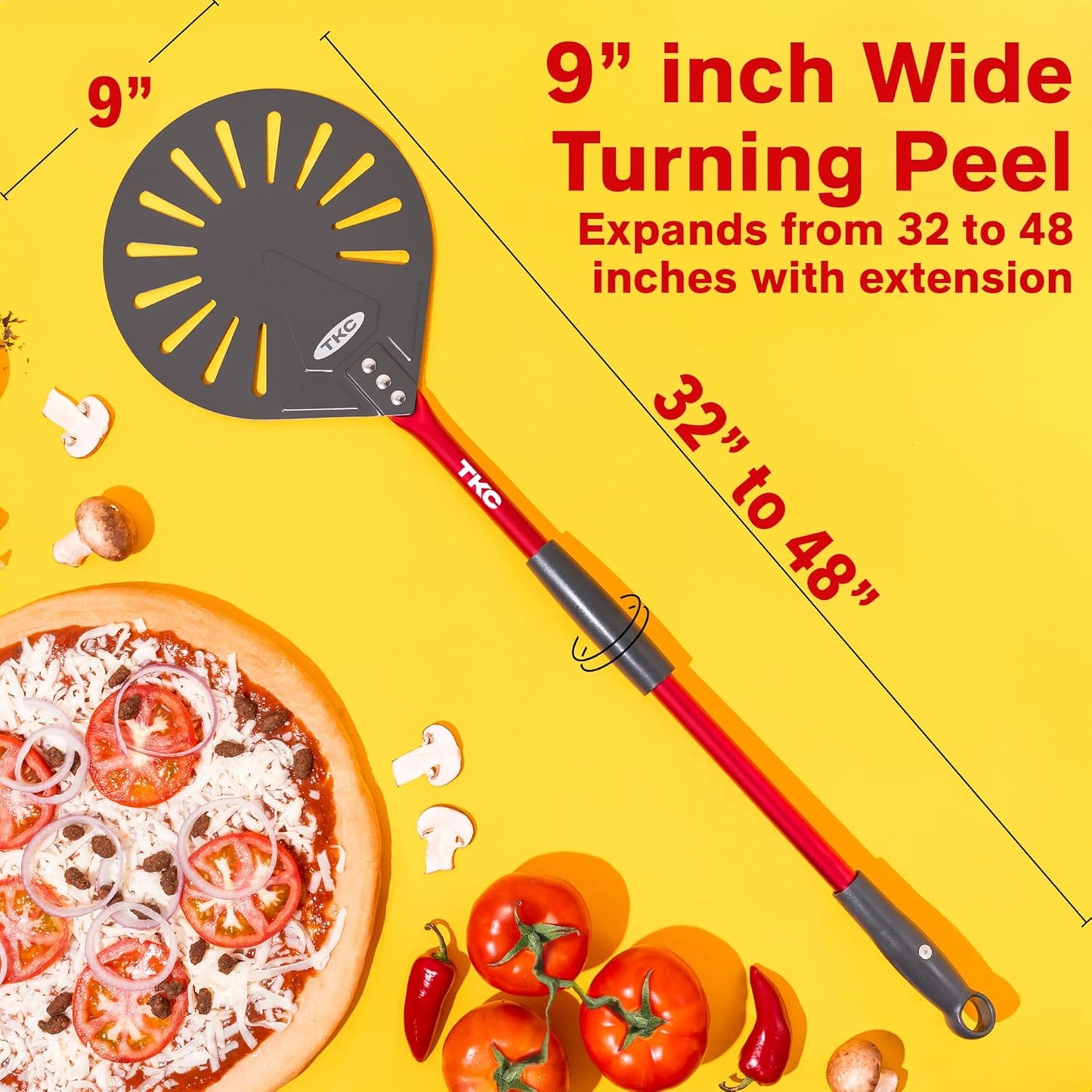 TKC 9" Perforated Pizza Peel, Professional Aluminum Pizza Turning peel, Long Handle Metal Pizza Spatula for Indoor and Outdoor, Lightweight Non-Stick Pizza Turner - Pizza Oven Accessories RED