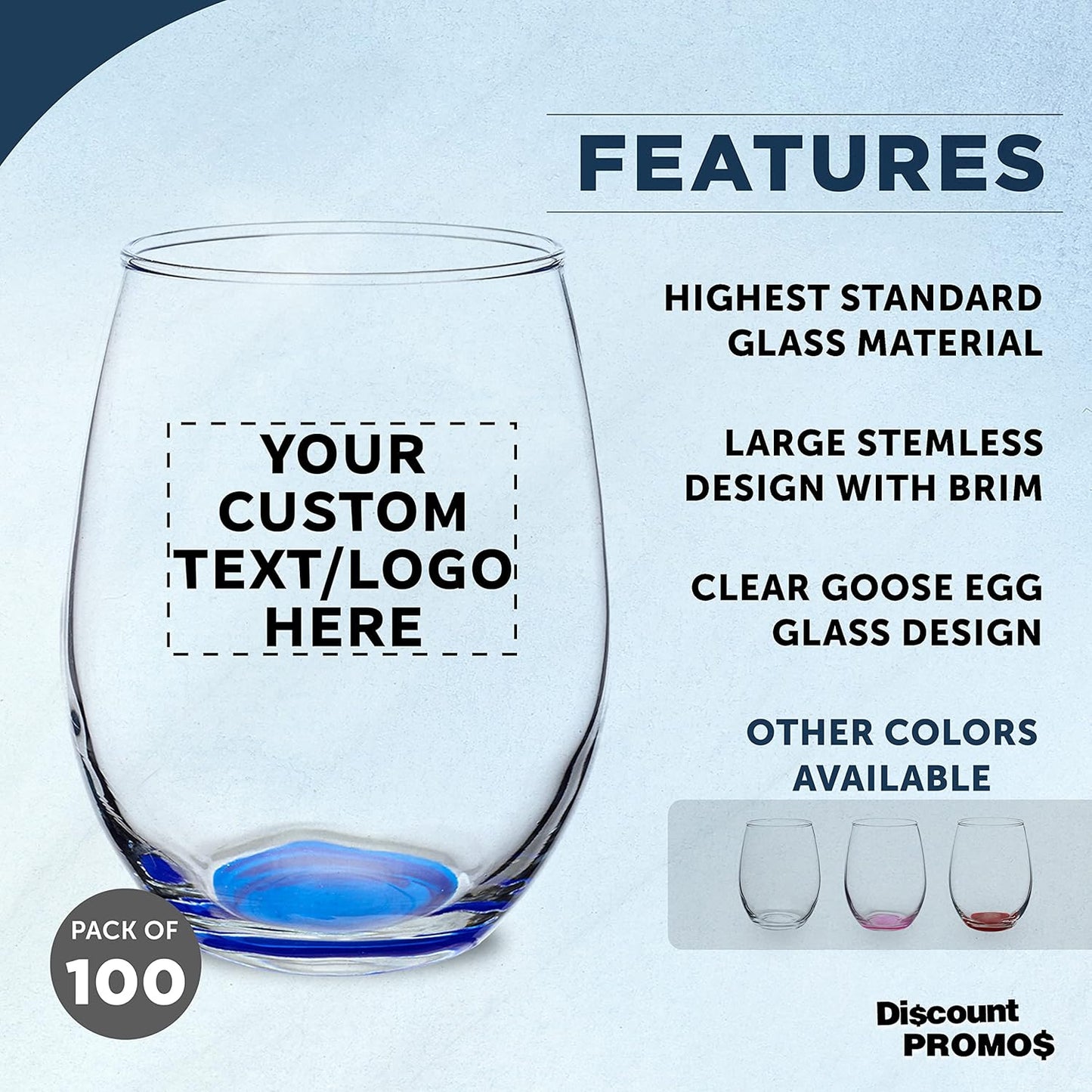 Custom Stemless Wine Glasses in Bulk by ARC Perfection, 15 oz, 100 pack, Personalized Text, Logo, Red or White Wine Glass Set, Blue