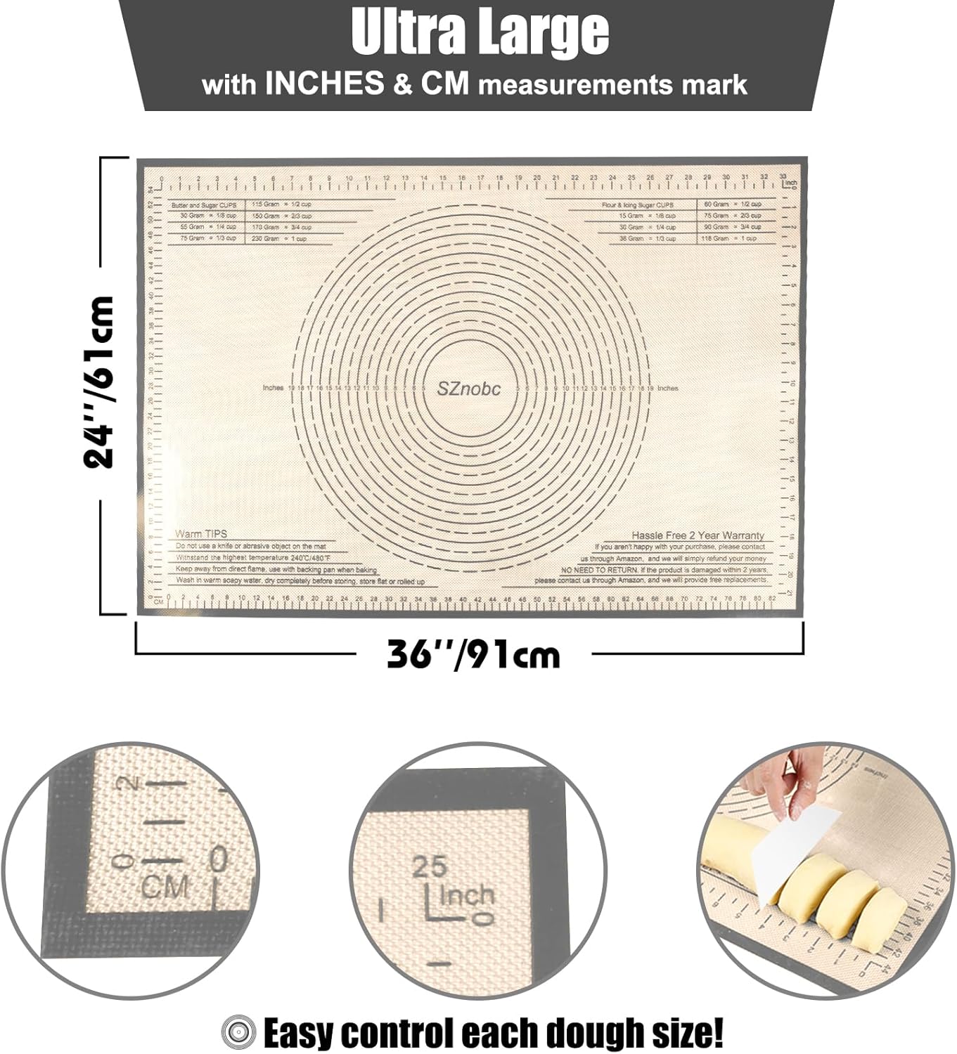 Silicone Baking Mat 36x24 Inch Nonstick Pastry Mat Perfect for Dough Mat, Pastry Board, Kitchen Counter Mat - For Dough, Pastry, Pie Crust, Fondant, Cookies, Bread, Pasta/Pizza, Grey