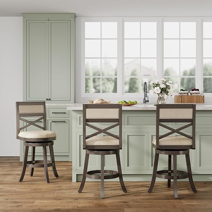 DTY Indoor Living Meeker 24 Inch Counter Height Bar Stools with Backs - Wooden Swivel Counter Stools for Kitchen Island - Beige Fabric Seat, Solid Wood Frame, Weathered Gray Finish