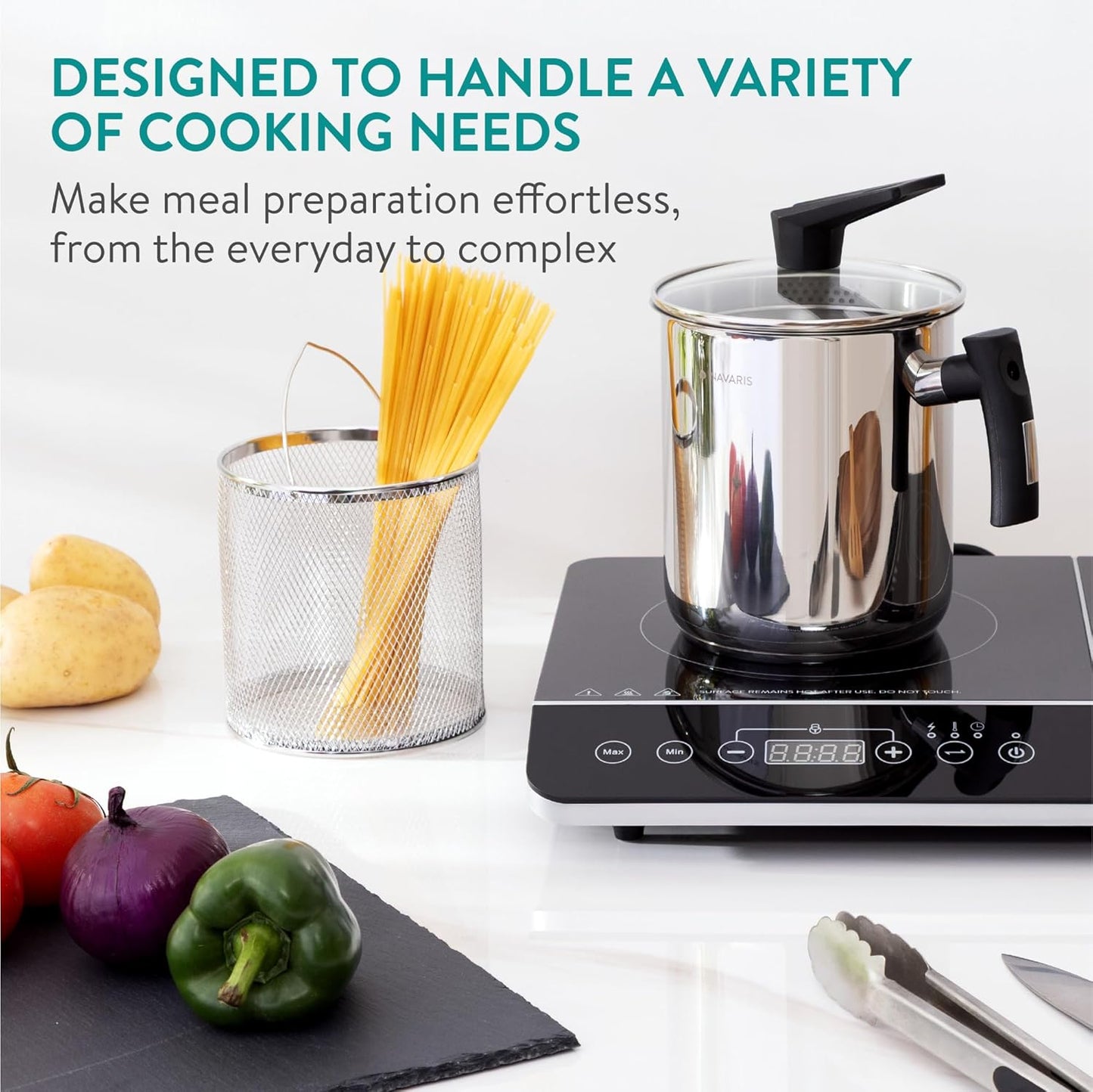 Navaris Stainless Steel Multifunctional Spaghetti Cooker & Steam Pot - 3.4L Capacity - Includes Lid & Basket - Silver