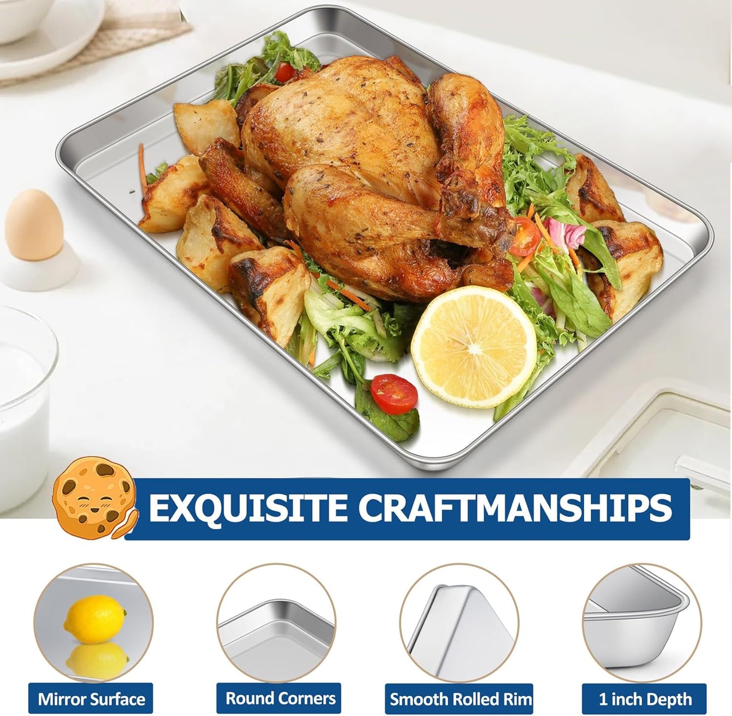 TeamFar Baking Sheet with Rack Set, Stainless Steel Baking Pan Cookie Sheet with Cooling Rack, Size 17.6 x 13 x 1inch, Non Toxic & Heavy Duty, Easy Clean & Dishwasher Safe