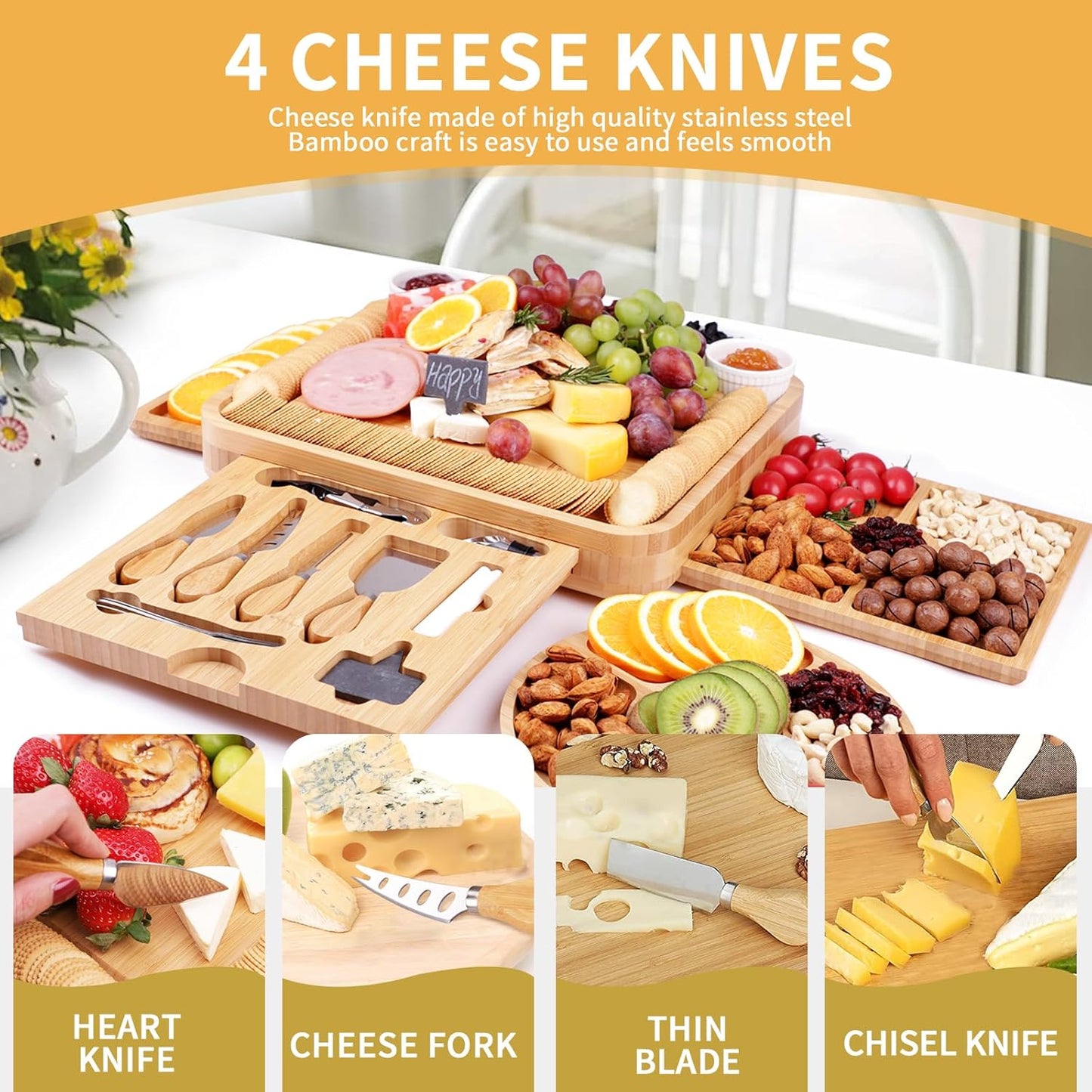 Charcuterie Board Gift Set, Bamboo Cheese Board Gift Set with 20 Accessories, Large Charcuterie Boards Set for House Warming, Wedding, Bridal Shower