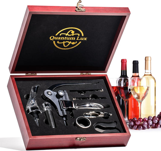 Wine Bottle Opener Set with Accessories Polished Silver in Wood Box, Aerator, Extra Screws, Foil Cutter, Pourer, Vaccu Stopper, Winged Wine Opener, Rabbit Red Wine Corkscrew Set (Polished Silver)