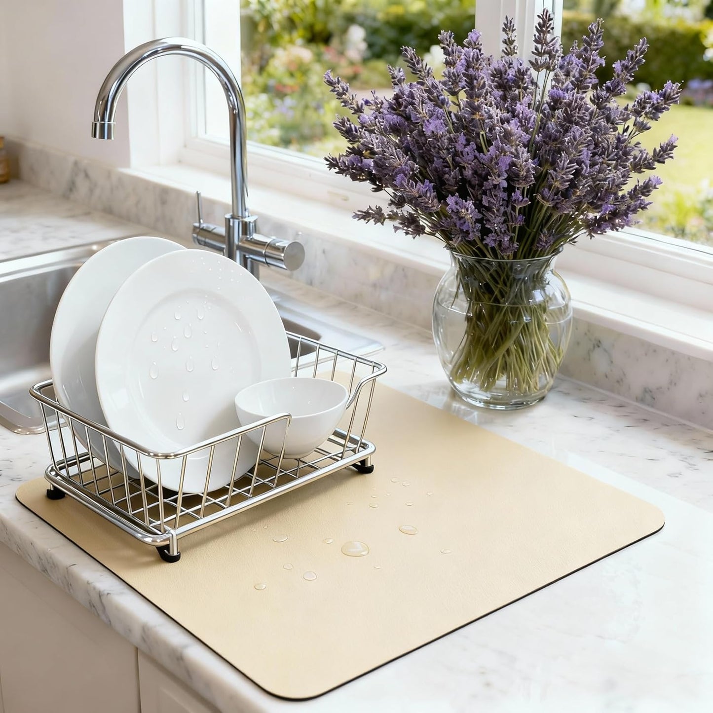 Dish Drying Mat Super Absorbent – 16" x 18" Coffee Mat for Countertops – Non-Slip Drying Mat for Kitchen Counter – Easy to Clean Water Absorbent Mat – Large Dish Drying Mats (Butter Yellow)