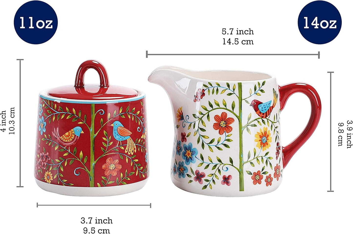 Bico Red Spring Bird Ceramic Sugar and Creamer Set, Sugar Bowl with Lid, Cute Container for Coffee Bar, Kitchen Countertop Accessories, Microwave and Dishwasher Safe