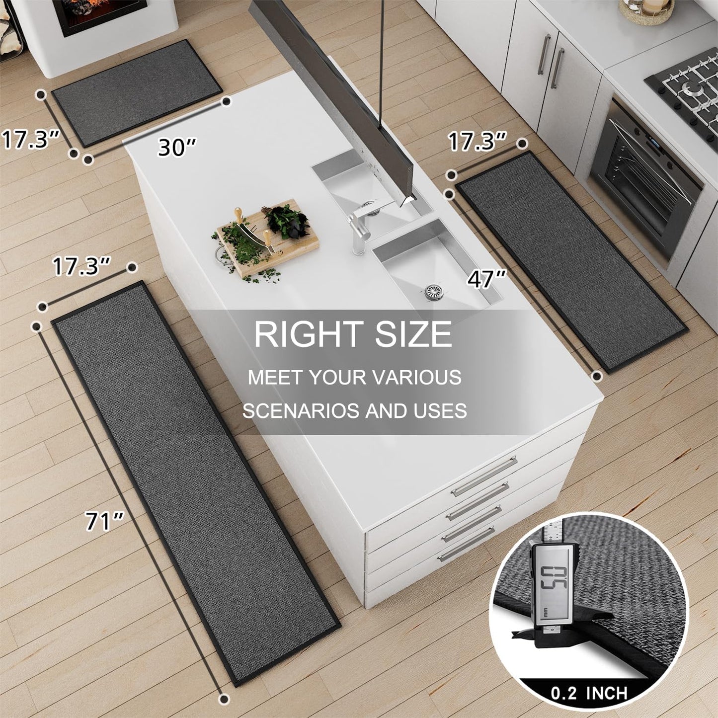 Kitchen Mat Set of 2 PCS, Cushioned Non Slip Rugs for Kitchen Floor, Absorbent Runner Comfort Standing Mats Washable for Kitchen, Office, Home (Black, 17.3"x30"+17.3"x71")