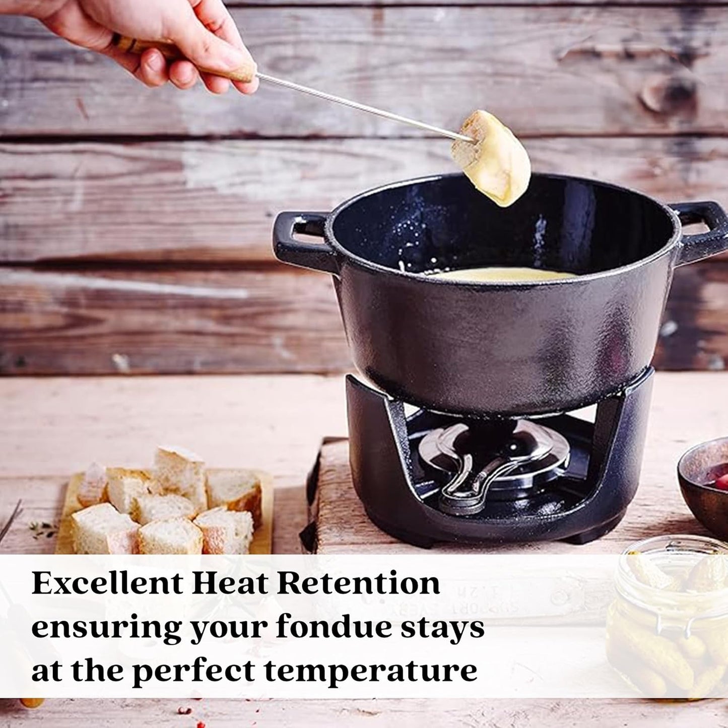 Alva Nori Cast Iron 2-Qt Fondue Pot Set – Made With No PTFE/PFOA/PFAS, Oven Safe – Works on Induction – 3-Layer Enamel, Easy to Clean, No Seasoning Needed – Includes 8 Forks, Burner & Stand