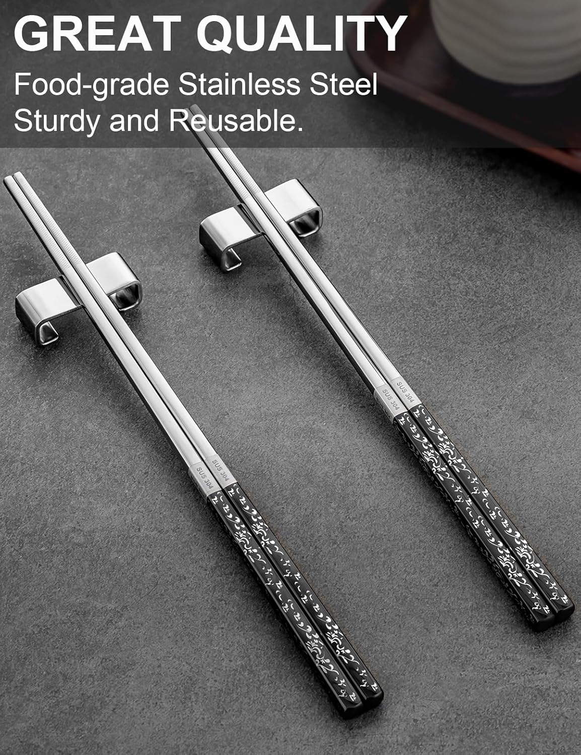 Metal Reusable Chopsticks 2 Pairs Titanium Plated Stainless Steel Chopsticks with Holder, Dishwasher Safe Non-Slip Japanese Style Chop Sticks Present Set (Black Silver)
