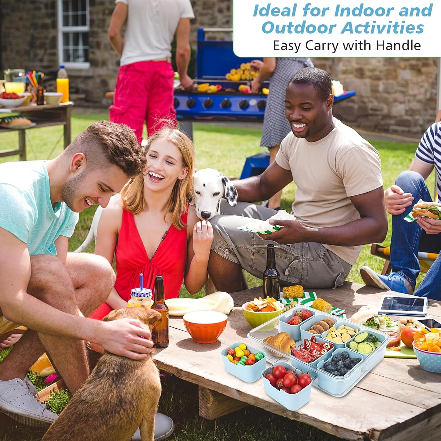 shopwithgreen Divided Serving Tray with Lid and Handle, Portable Snackle Box Charcuterie Container for Party, Veggies, Fruits, Nuts, Candy, Food Tray Platter Snack Box for Entertaining, Picnic, Blue