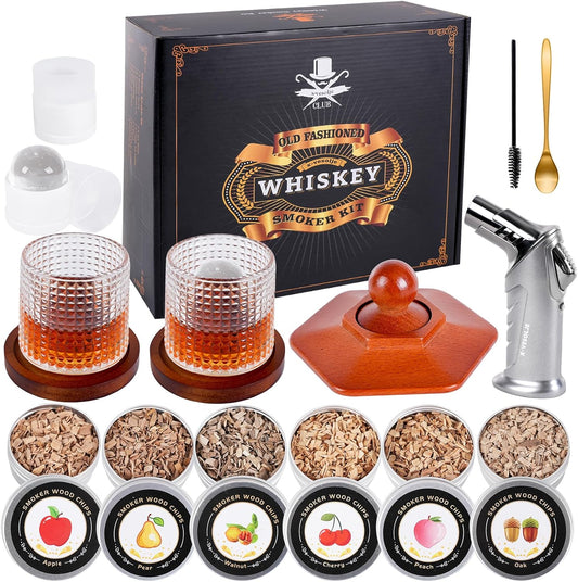 Whiskey Smoker Kit with Torch - 6 Flavors Wood Chips, 2 Rotatable Whiskey Glasses, 2 Ice Ball Molds - Cocktail Smoker Infuser Kit, Old Fashioned Smoker Kit, Birthday Gifts for Men, Dad(NO Butane)