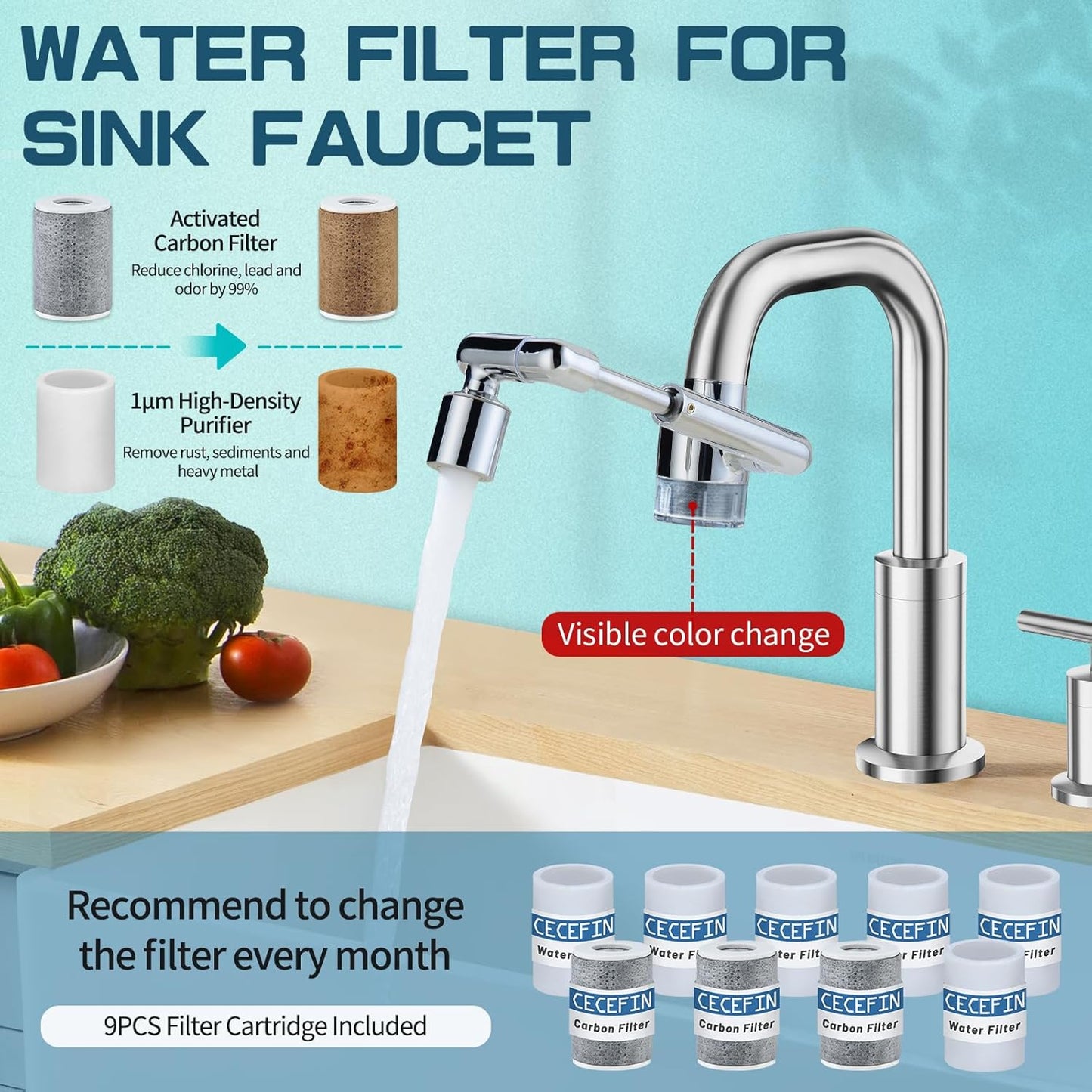 CECEFIN 1440ºSink-Water-Filter Faucet-Extender 3.0 Telescopic - Carbon Purifier Reduce 99% Chlorine, NSF Test Bathroom Kitchen Aerator, Swivel Long Arm Extension for Toddlers, Hard Water Softener