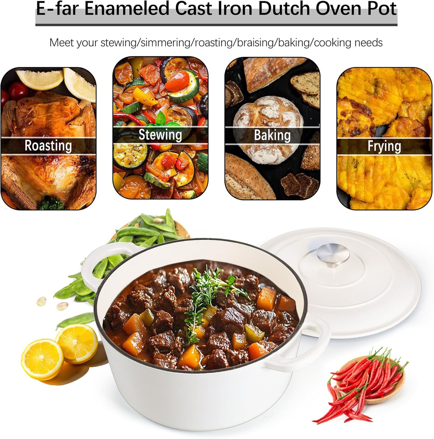 E-far 7QT Enameled Dutch Oven, Cast Iron Dutch Oven Pot with Lid for Cooking/Bread Baking/Braising/Roasting/Stewing, Heavy Duty Round Nonstick Cookware Safe for Induction & Oven - White