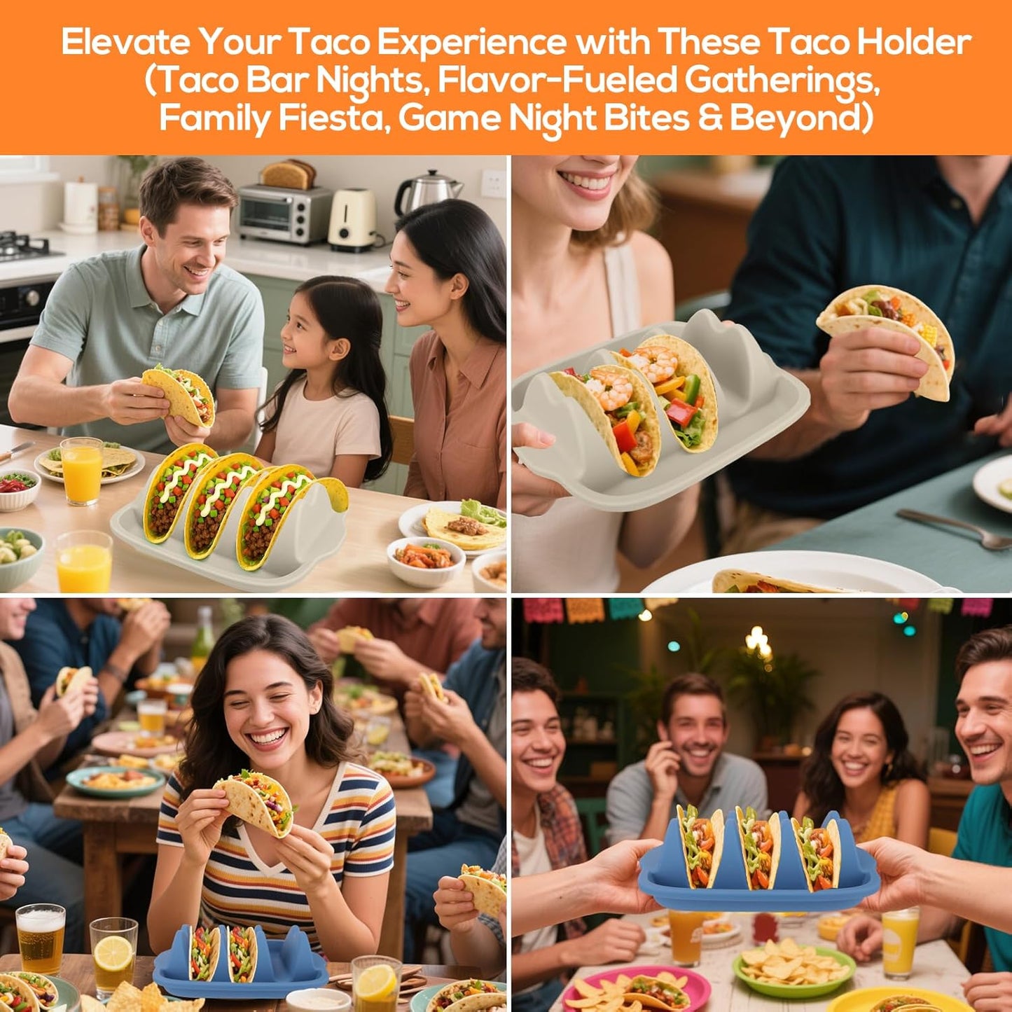 Silicone Taco Holders Set of 2 - Reusable Taco Stand with Dividers for Hard/Soft Shells, Microwave & Dishwasher Safe, Non-Slip Taco Serving Plates for Taco Tuesday, Party, Fiesta