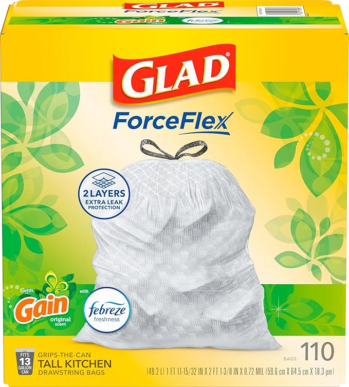Glad ForceFlex Tall Kitchen Trash Bags, 13 Gal, Gain Original with Febreze, 110 Ct (Pack May Vary)