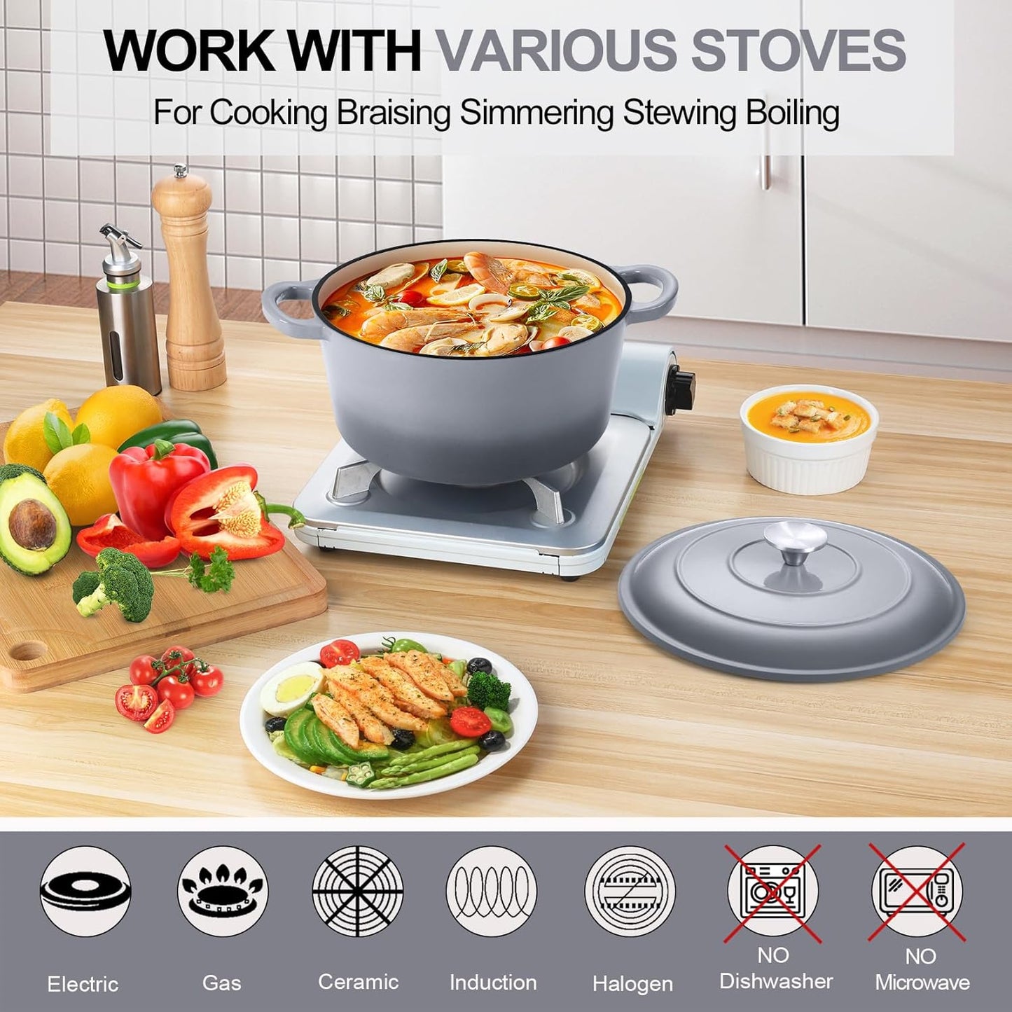 P&P CHEF 5QT Enameled Dutch Oven, Cast Iron Dutch Oven Pot with Lid for Bread Baking, Enameled Casserole Pot for Roasting Braising Stewing Frying Simmering, Various Stoves & Easy Clean, Grey