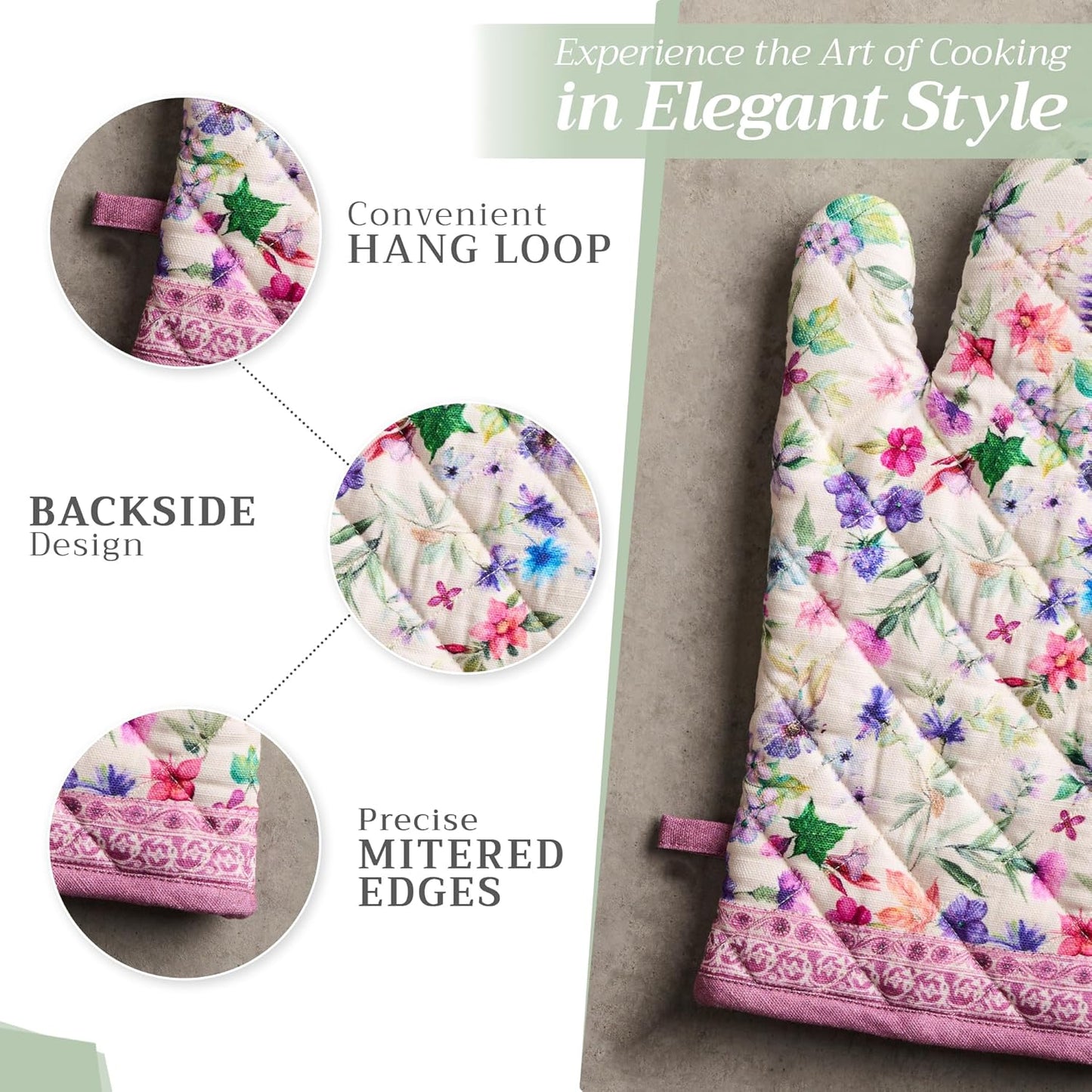 Maison d' Hermine Oven Gloves 100% Cotton Oven Mitt 7" x 13" with Loop Heat Resistant, BBQ, Cooking Gloves, Baking, Grilling, Kitchen, Handling Hot Pans Spring/Summer (Pack of 1, Chardon)